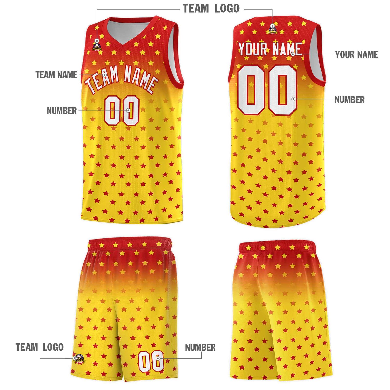Custom Red Gold Gradient Start Pattern Basketball Jersey Sets
