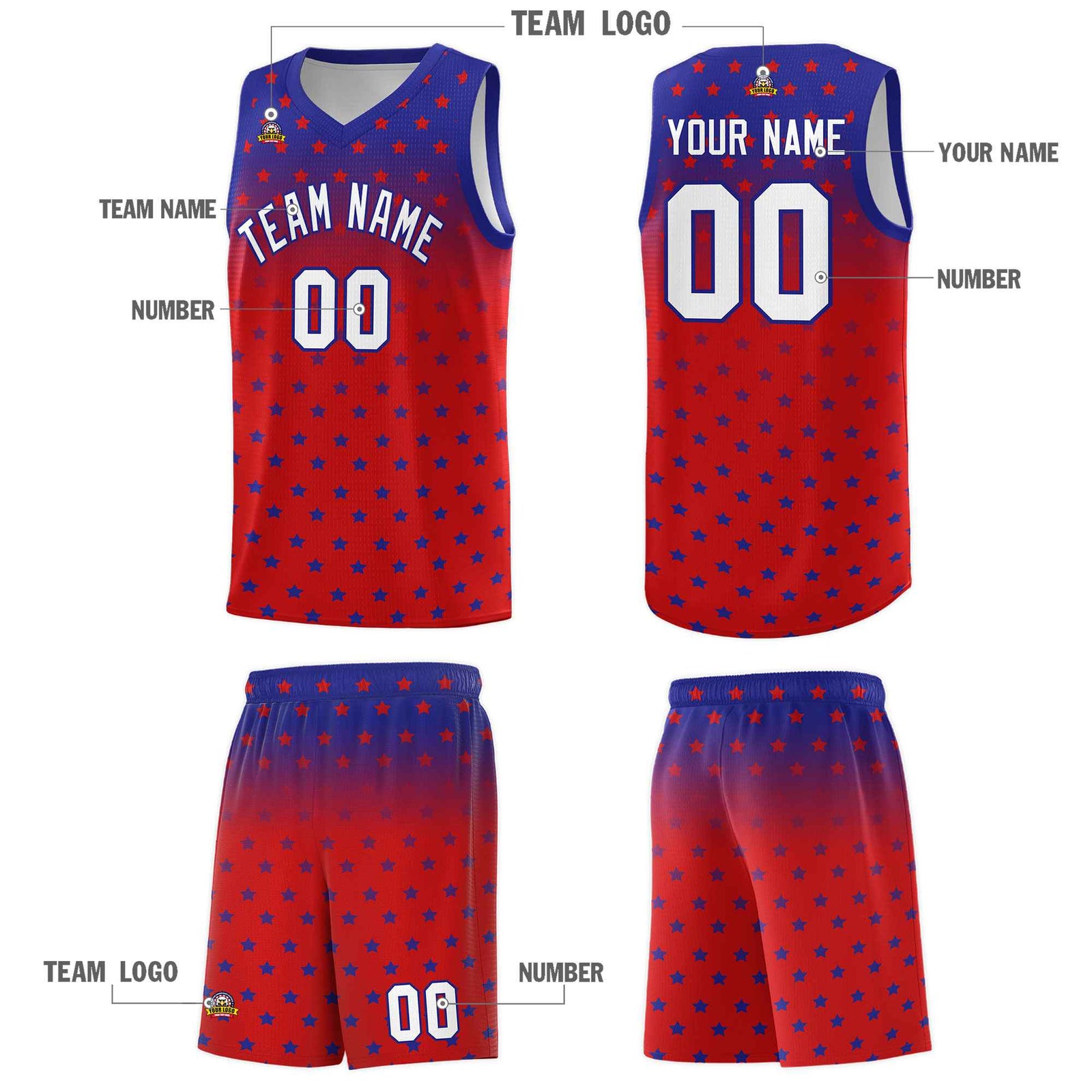 Custom Royal Red Gradient Start Pattern Basketball Jersey Sets