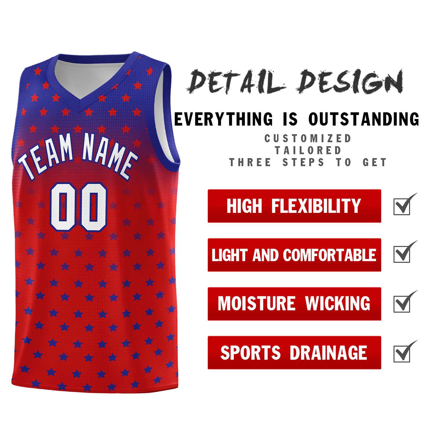 Custom Royal Red Gradient Start Pattern Basketball Jersey Sets