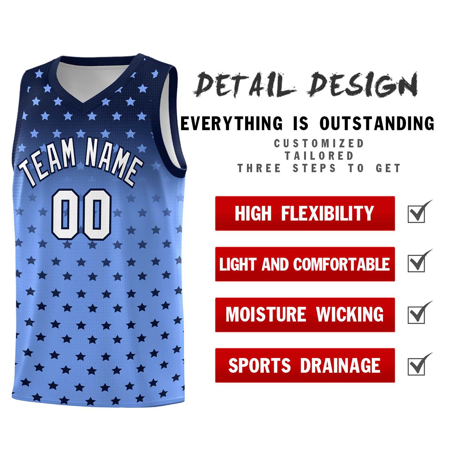 Custom Navy Light Blue Gradient Start Pattern Basketball Jersey Sets