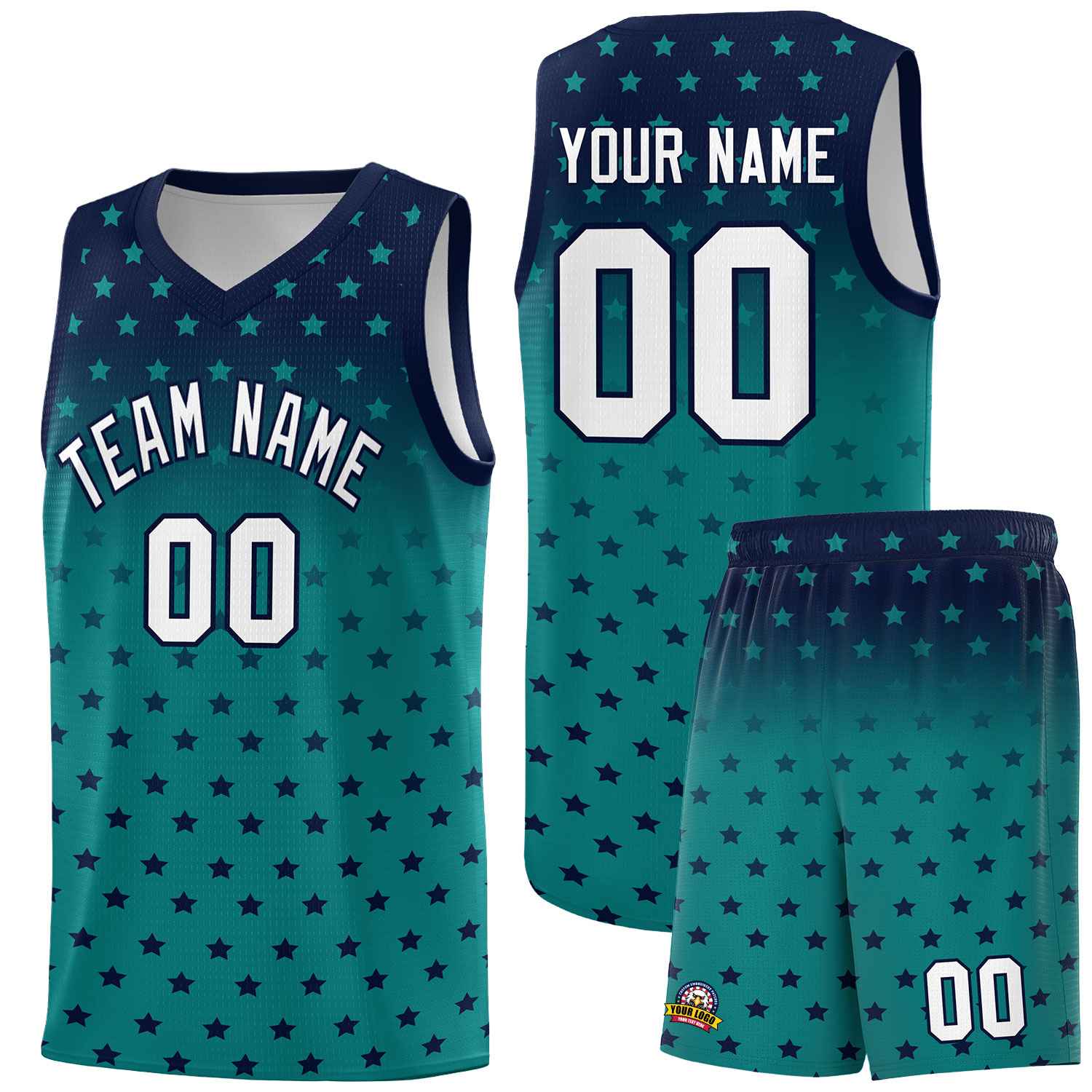 Custom Navy Aqua Gradient Start Pattern Basketball Jersey Sets