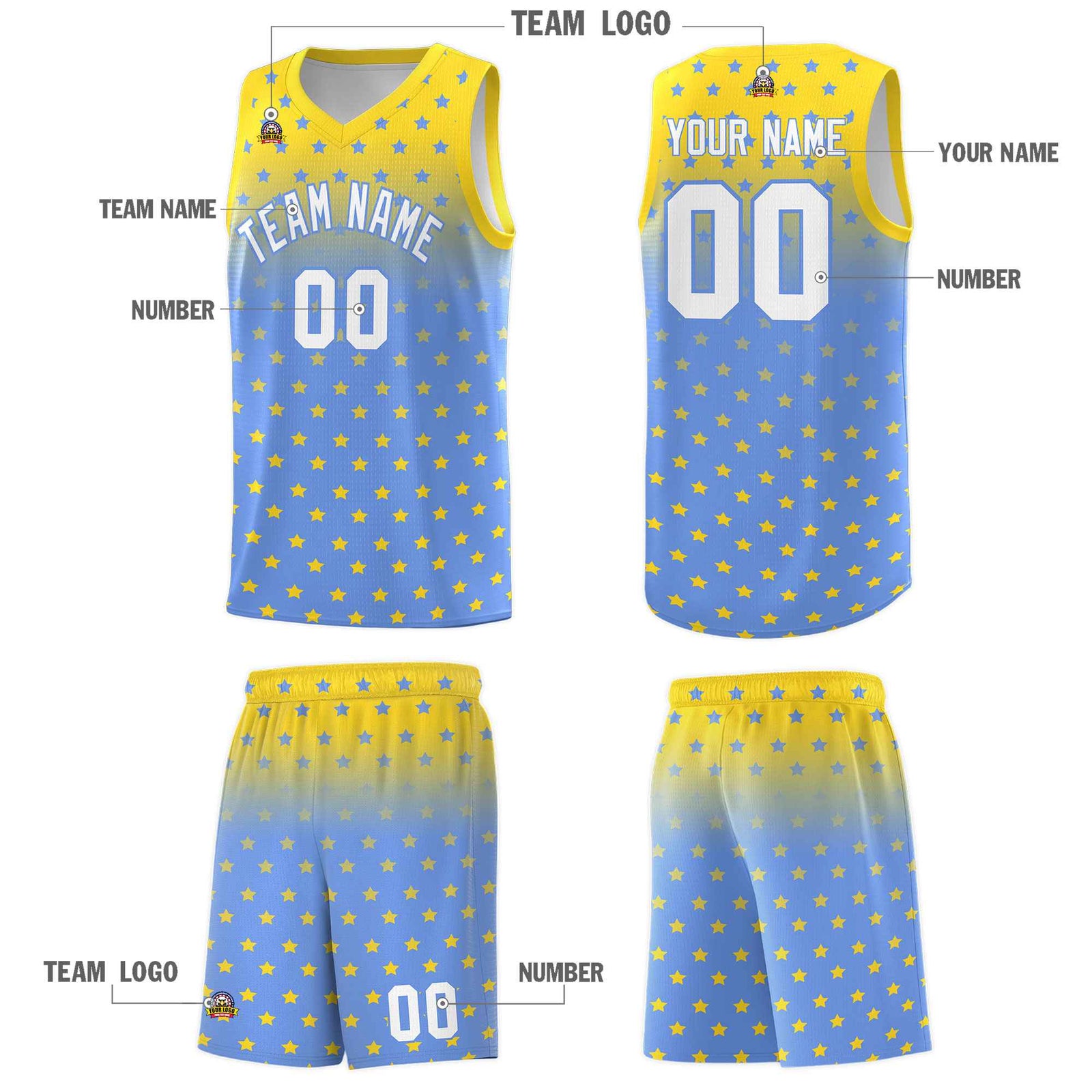 Custom Gold Light Blue Gradient Start Pattern Basketball Jersey Sets
