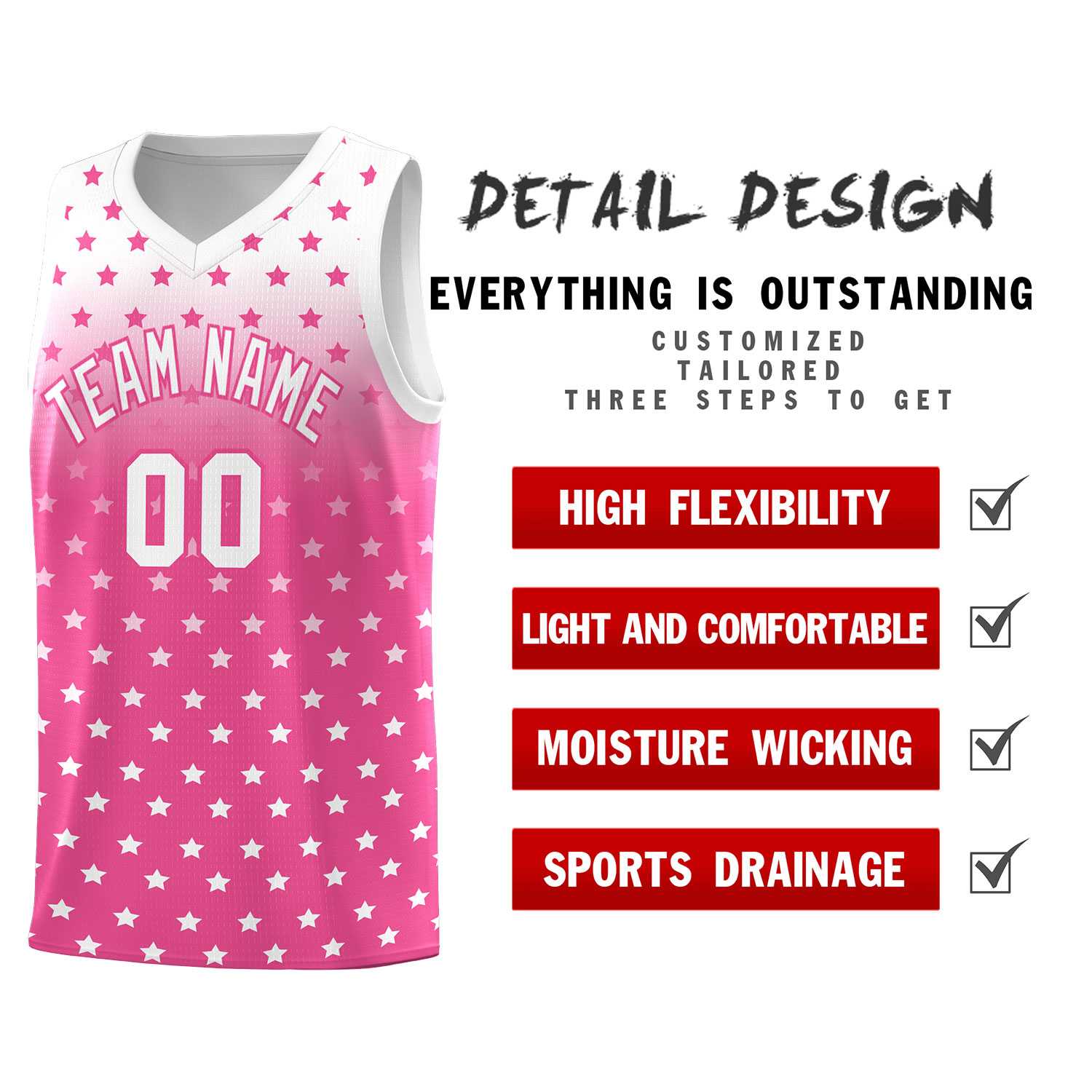 Custom White Pink Gradient Start Pattern Basketball Jersey Sets