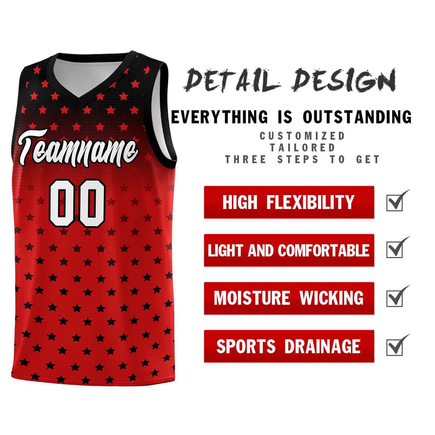 Custom Black Red Gradient Start Pattern Basketball Jersey Sets