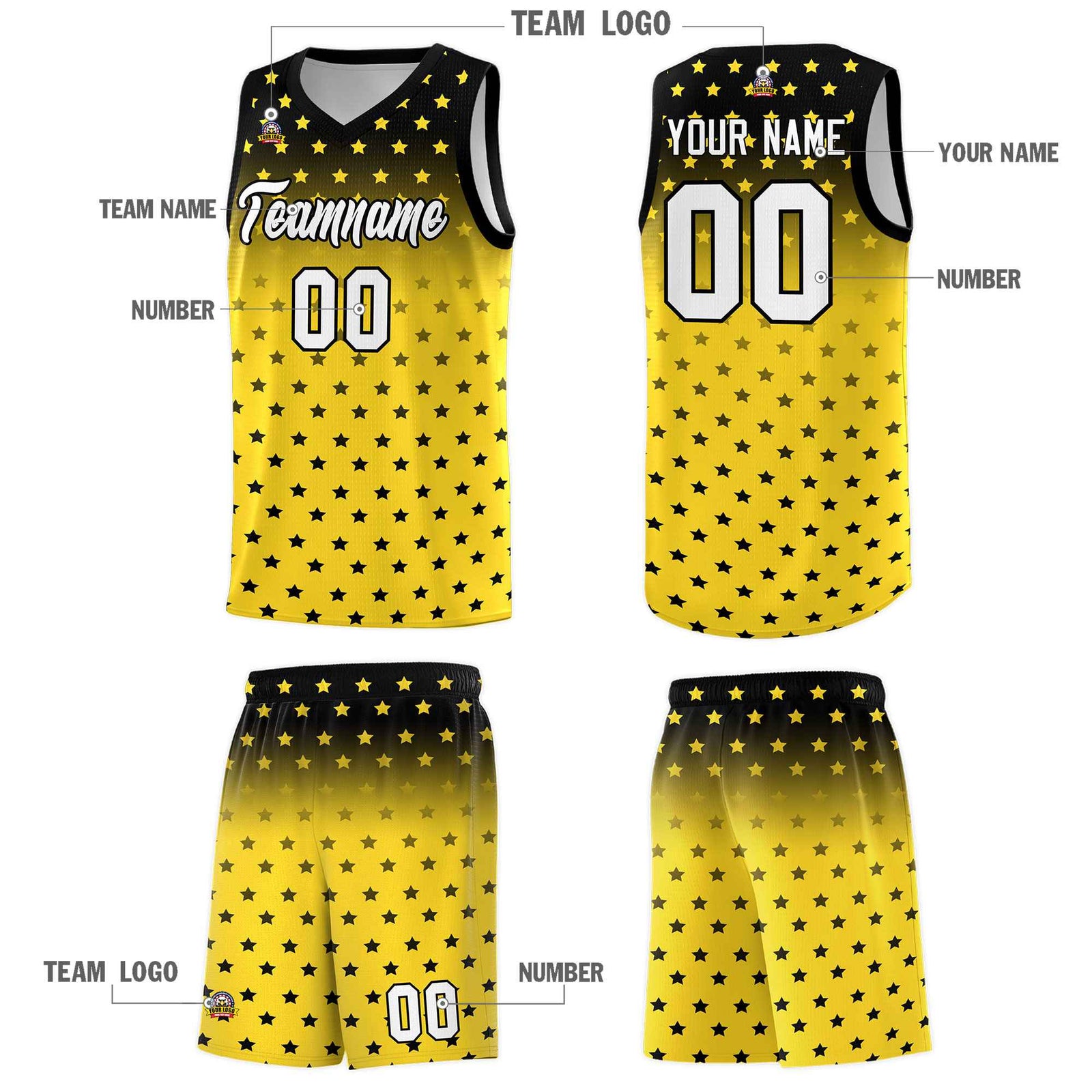 Custom Black Gold Gradient Start Pattern Basketball Jersey Sets