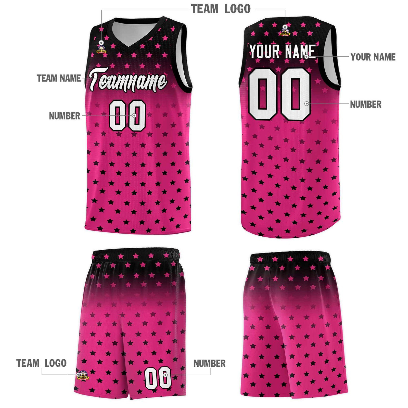 Custom Black Pink Gradient Start Pattern Basketball Jersey Sets