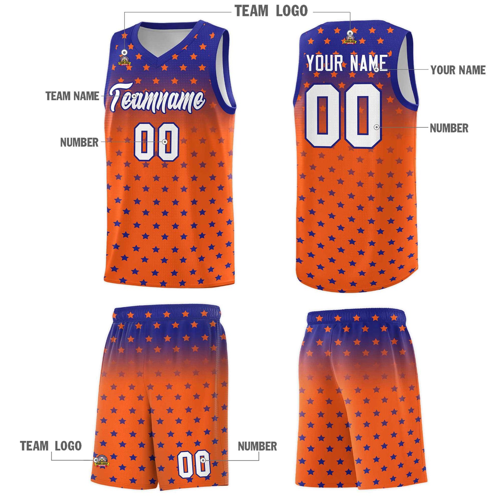 Custom Royal Orange Gradient Start Pattern Basketball Jersey Sets