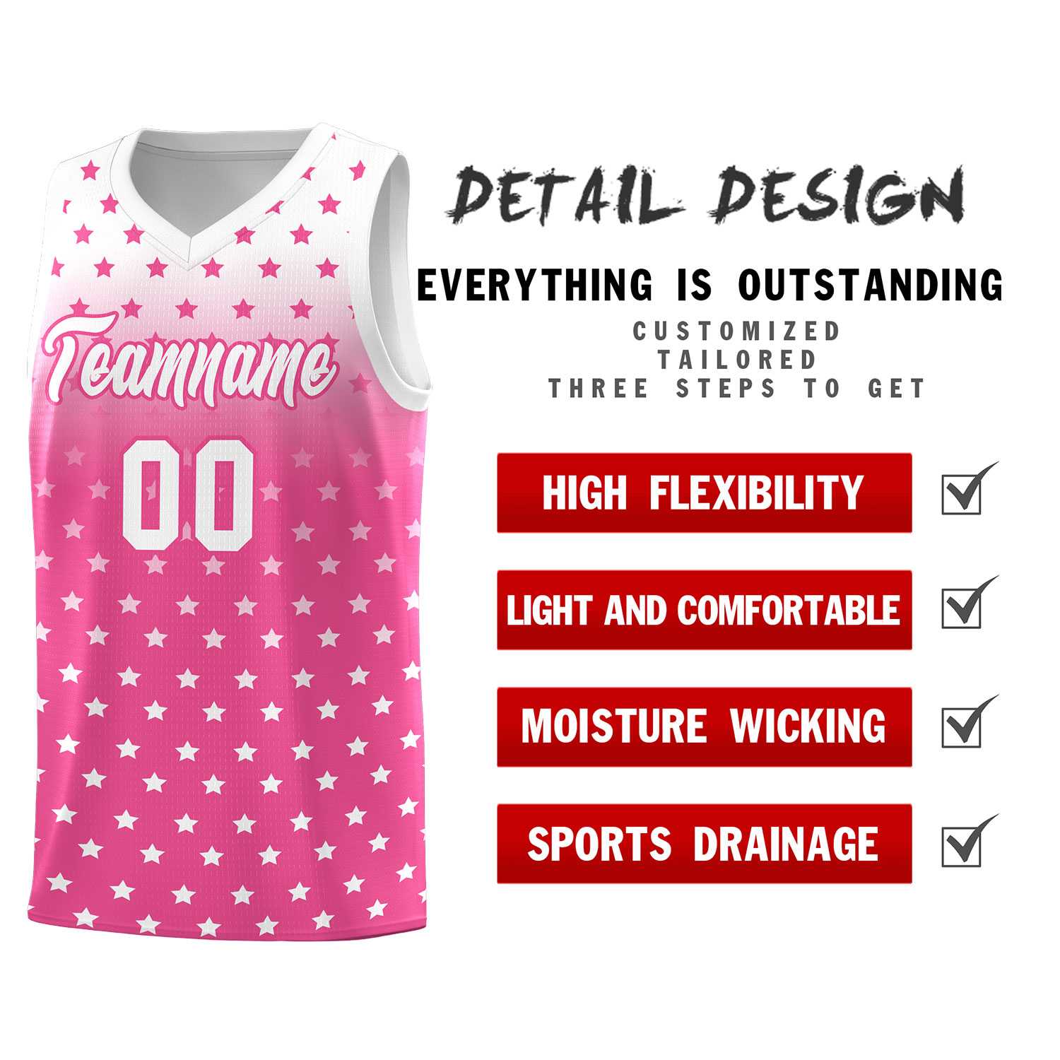 Custom White Pink Gradient Start Pattern Basketball Jersey Sets