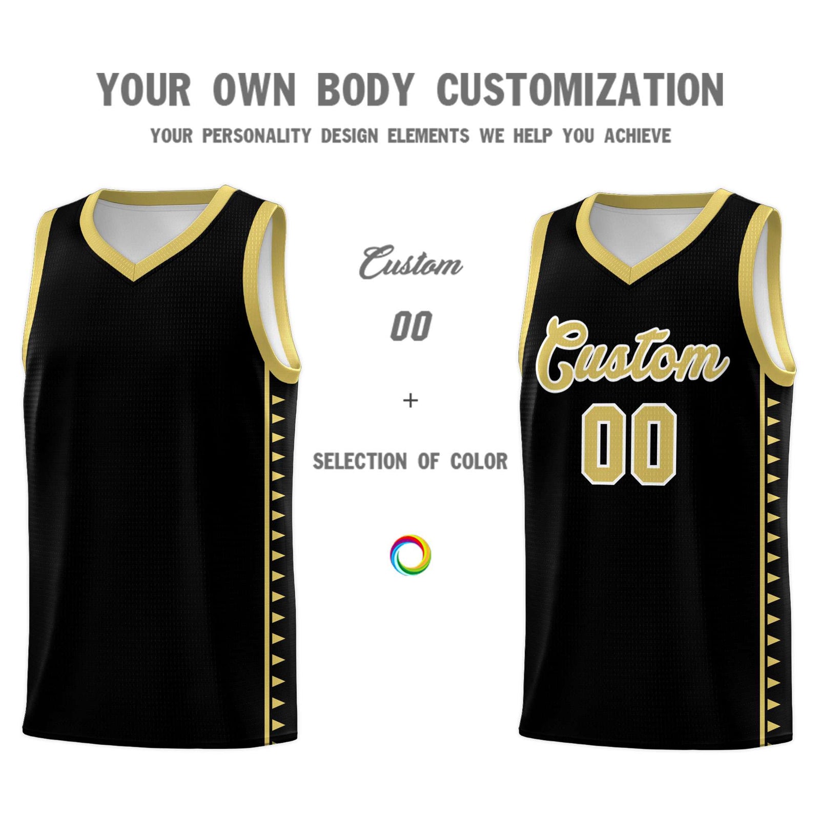 Custom Black Old Gold Basketball Kits With Side Zigzag Pattern