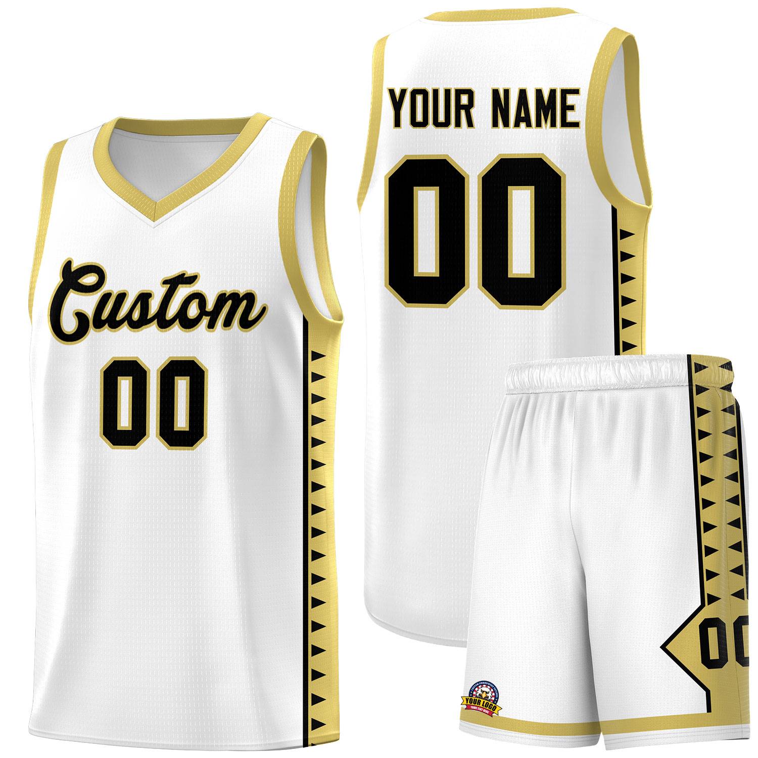 Custom White Old Gold Basketball Kits With Side Zigzag Pattern