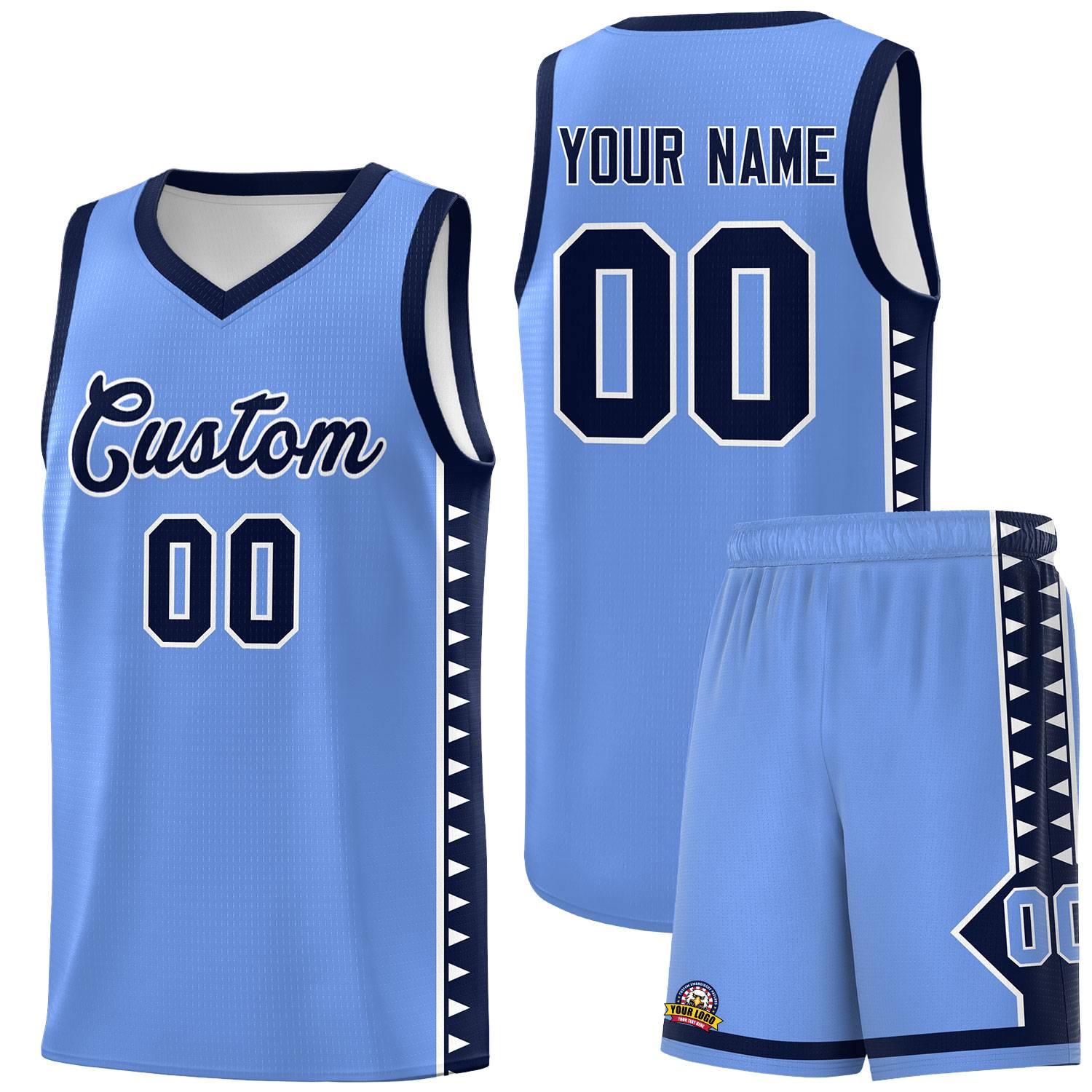 Custom Light Blue Navy Basketball Kits With Side Zigzag Pattern