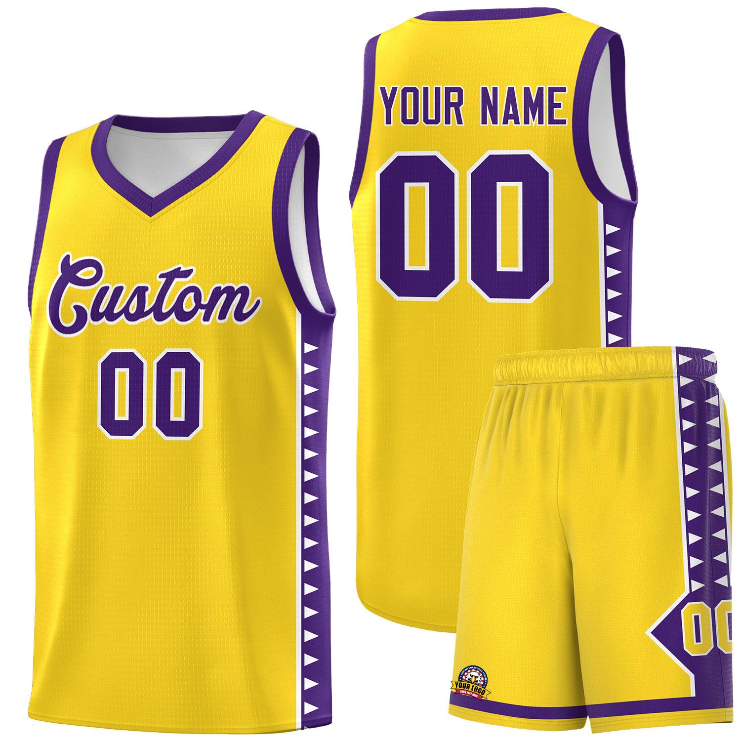 Custom Gold Purple Basketball Kits With Side Zigzag Pattern