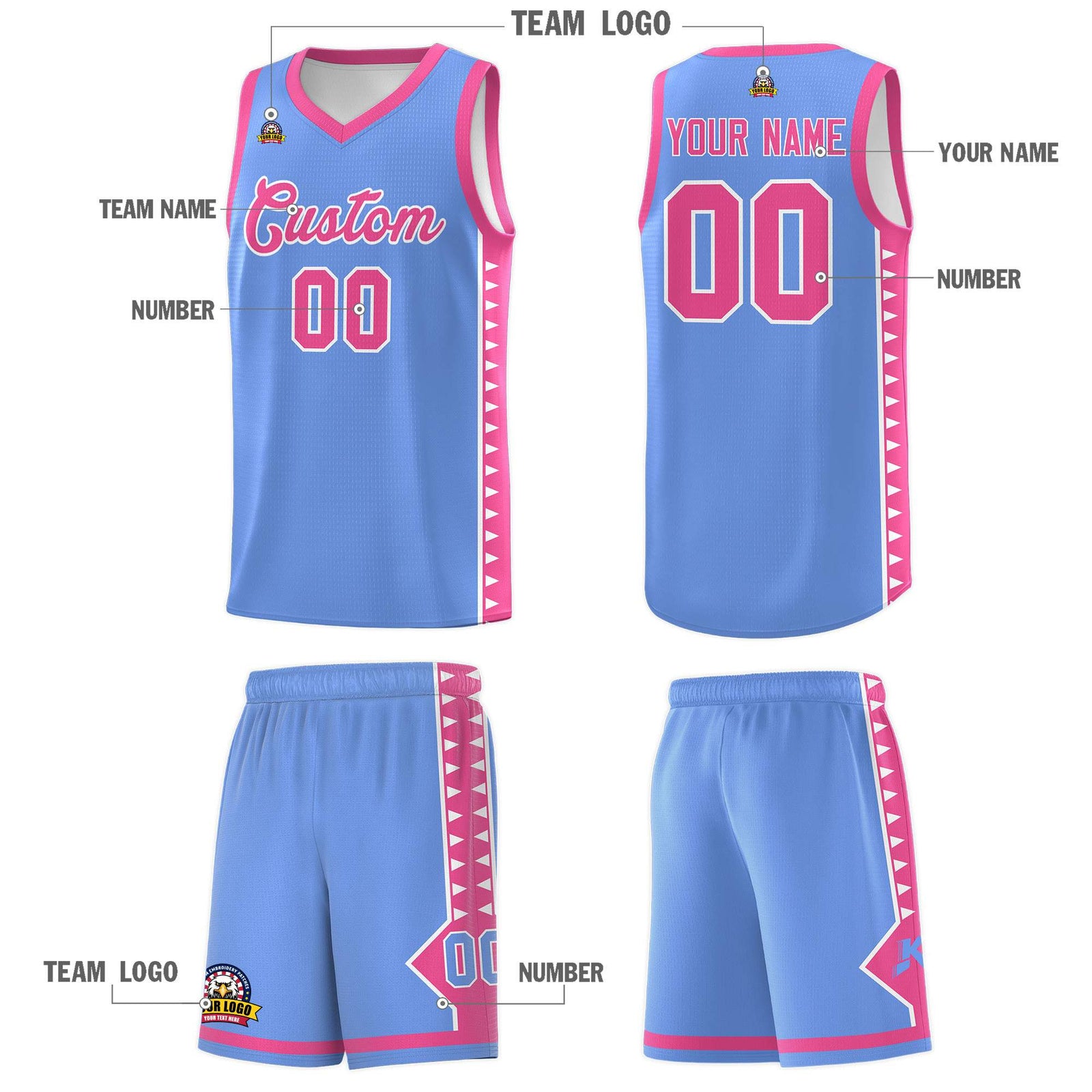 Custom Light Blue Pink Basketball Kits With Side Zigzag Pattern
