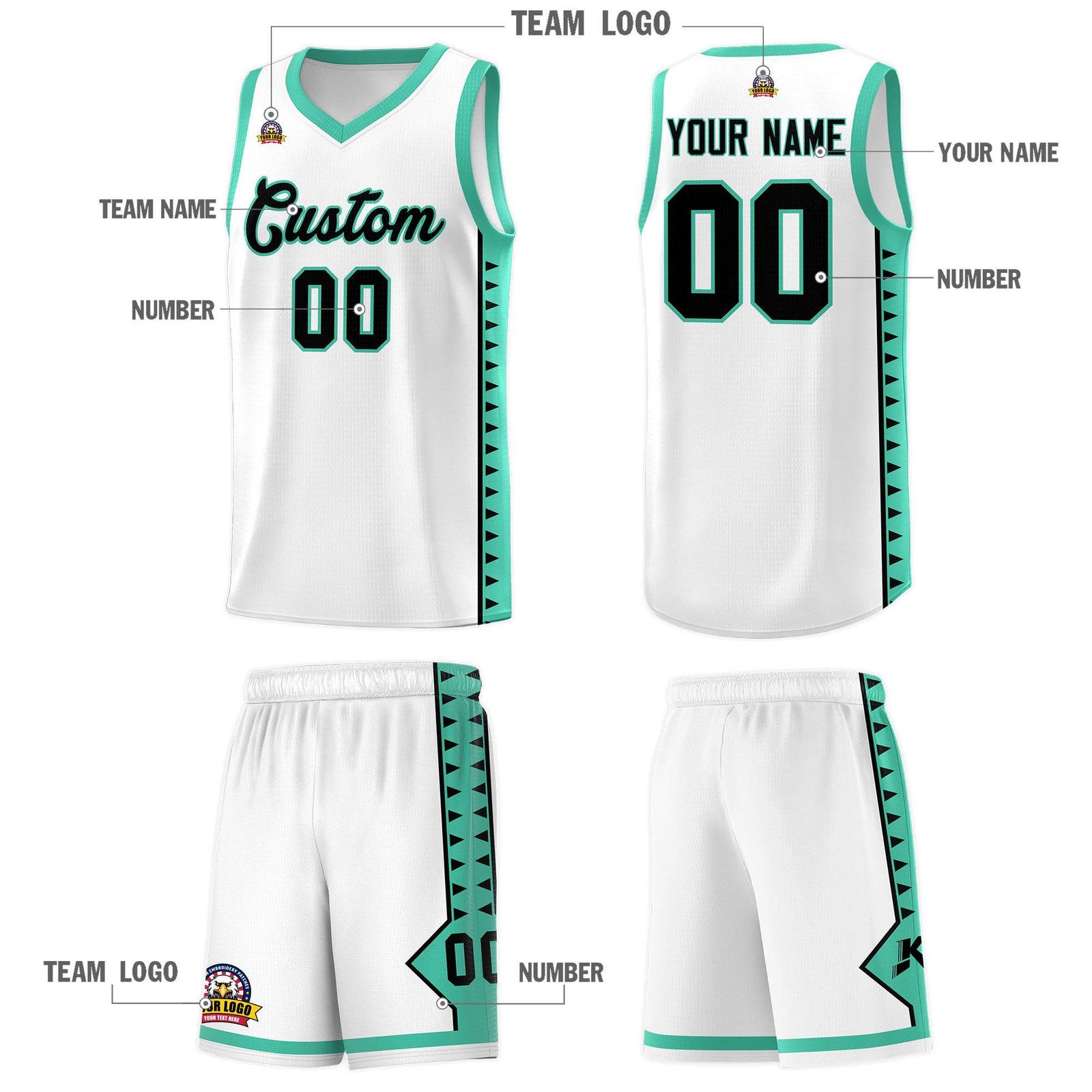 Custom White Bright Green Basketball Kits With Side Zigzag Pattern