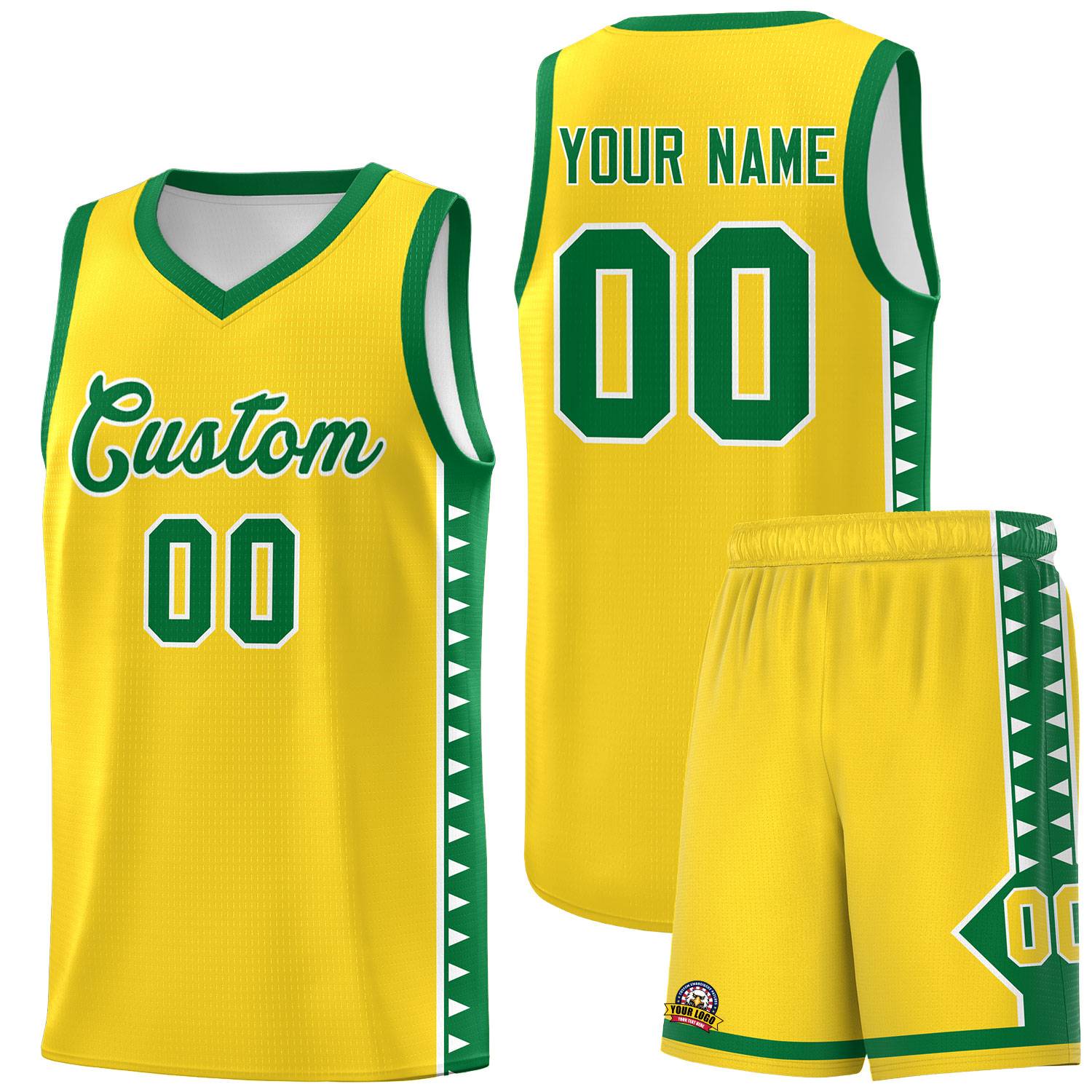 Custom Gold Kelly Green Basketball Kits With Side Zigzag Pattern