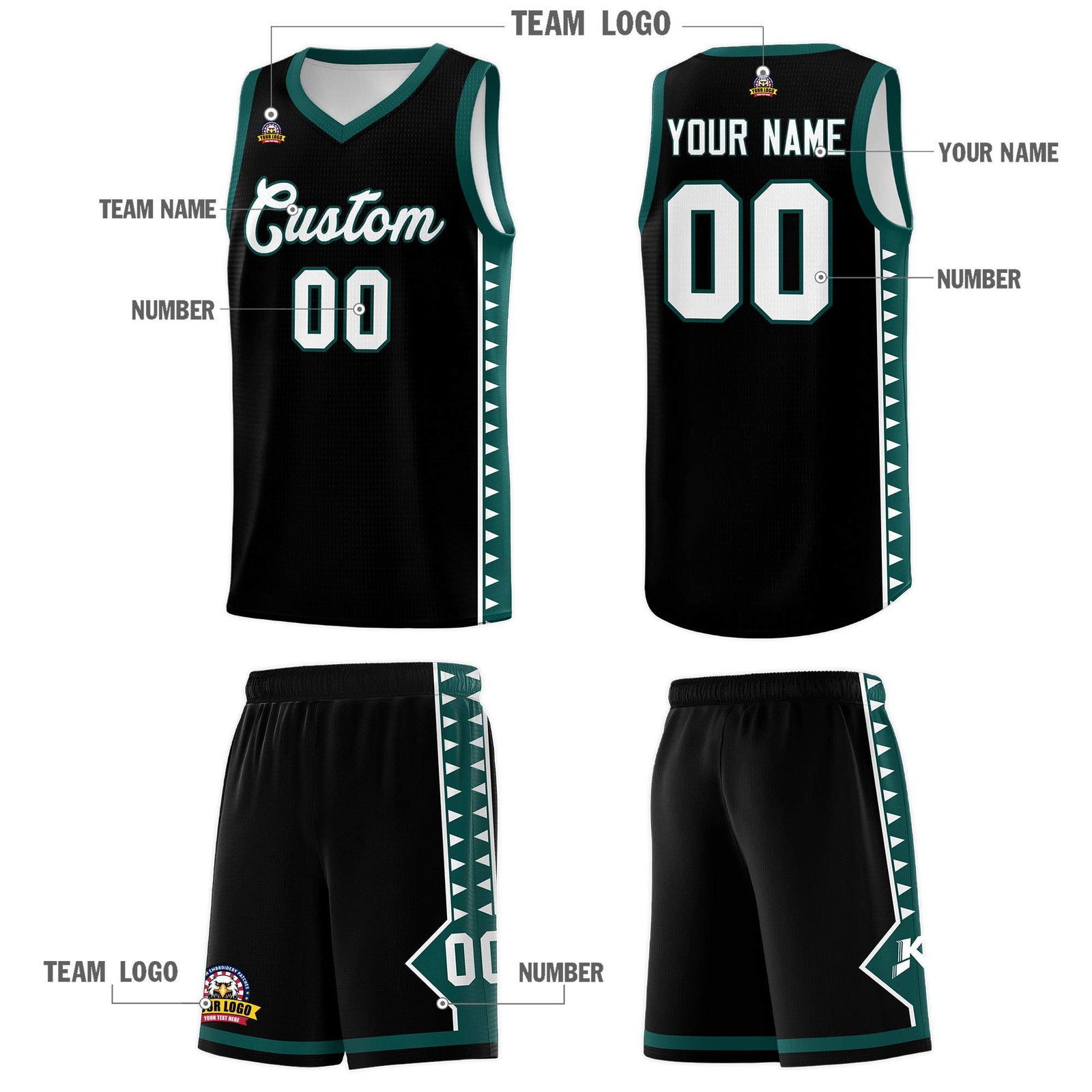 Custom Black Midnight Green Basketball Kits With Side Zigzag Pattern