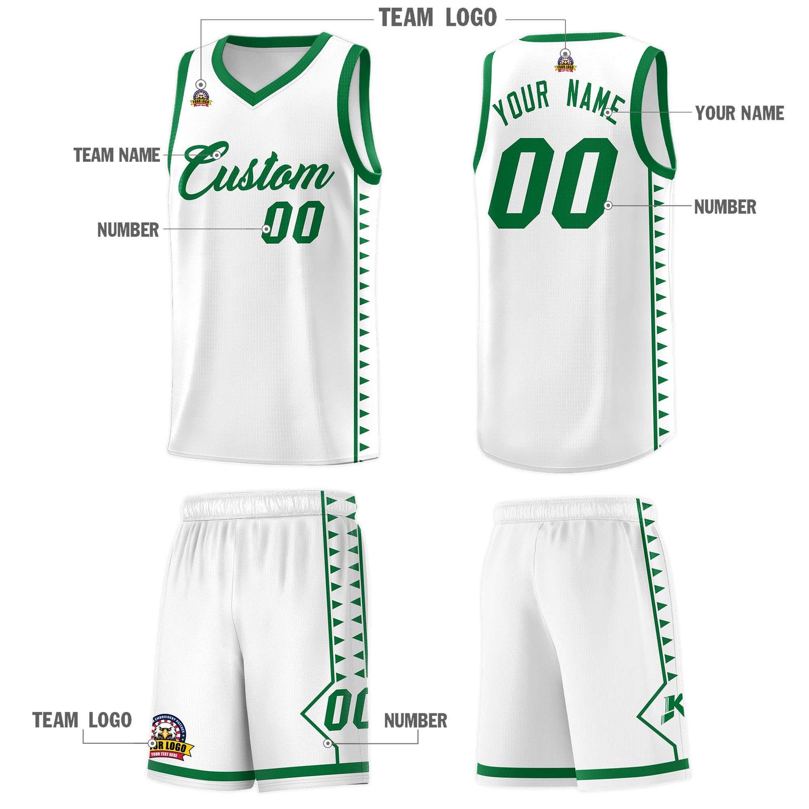 Custom White Kelly Green Basketball Kits With Side Zigzag Pattern