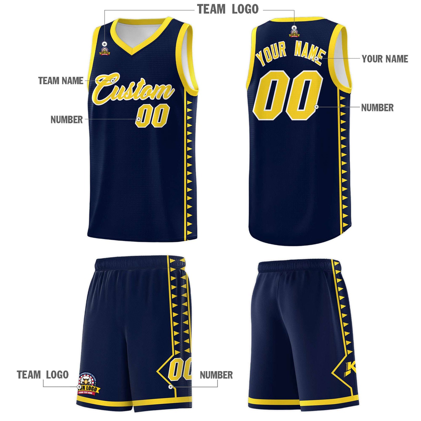 Custom Navy Gold Basketball Kits With Side Zigzag Pattern
