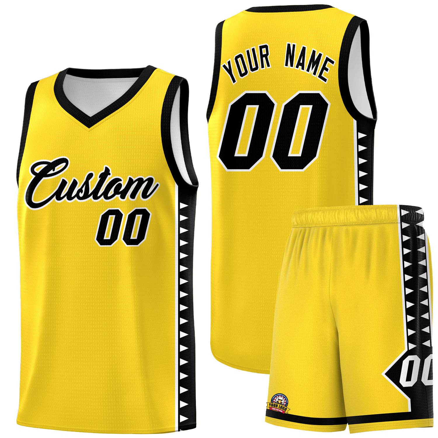 Custom Gold Black Basketball Kits With Side Zigzag Pattern
