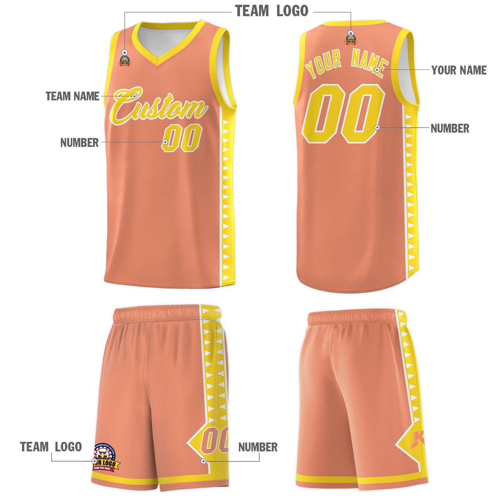 Custom Light Orange Gold Basketball Kits With Side Zigzag Pattern
