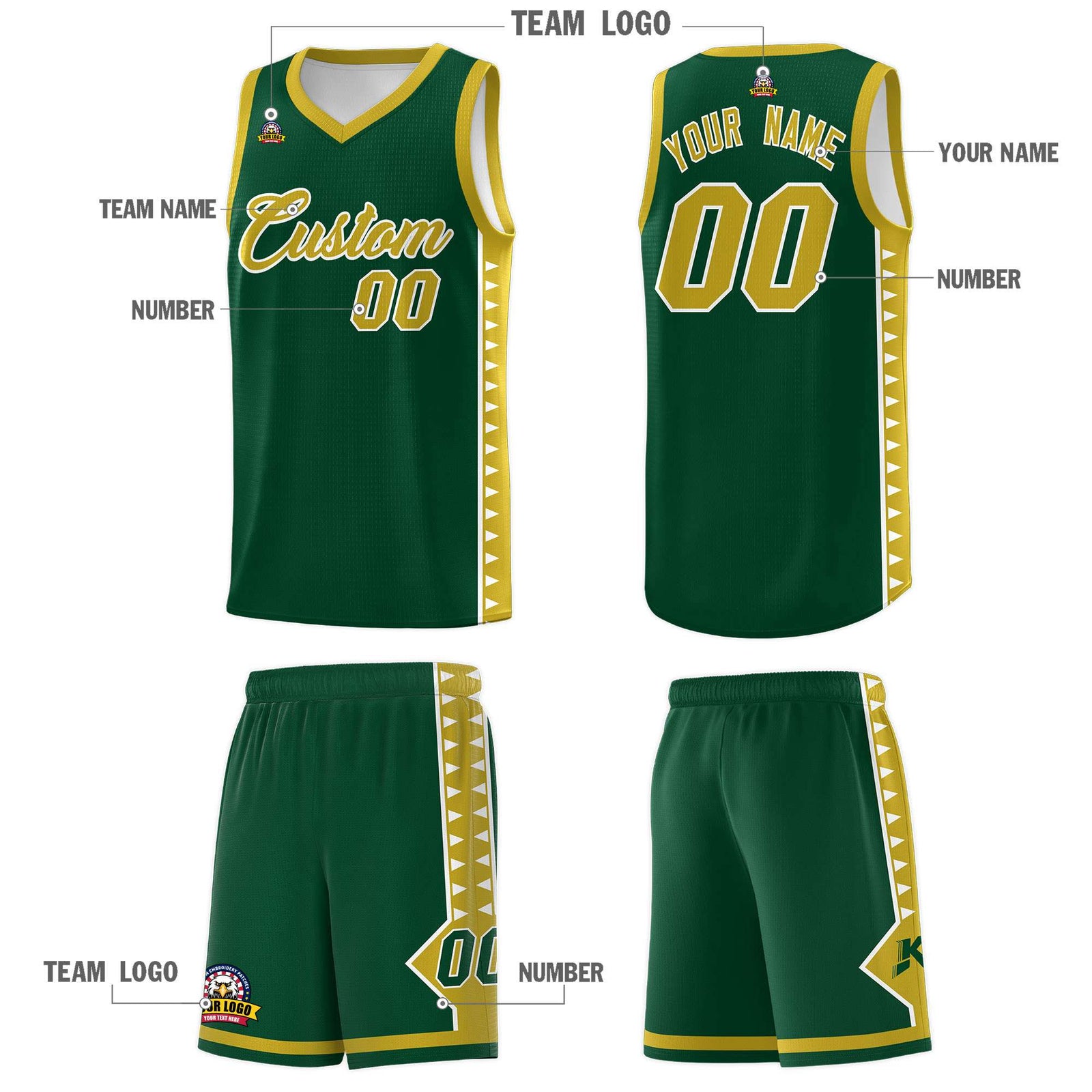 Custom Green Old Gold Basketball Kits With Side Zigzag Pattern