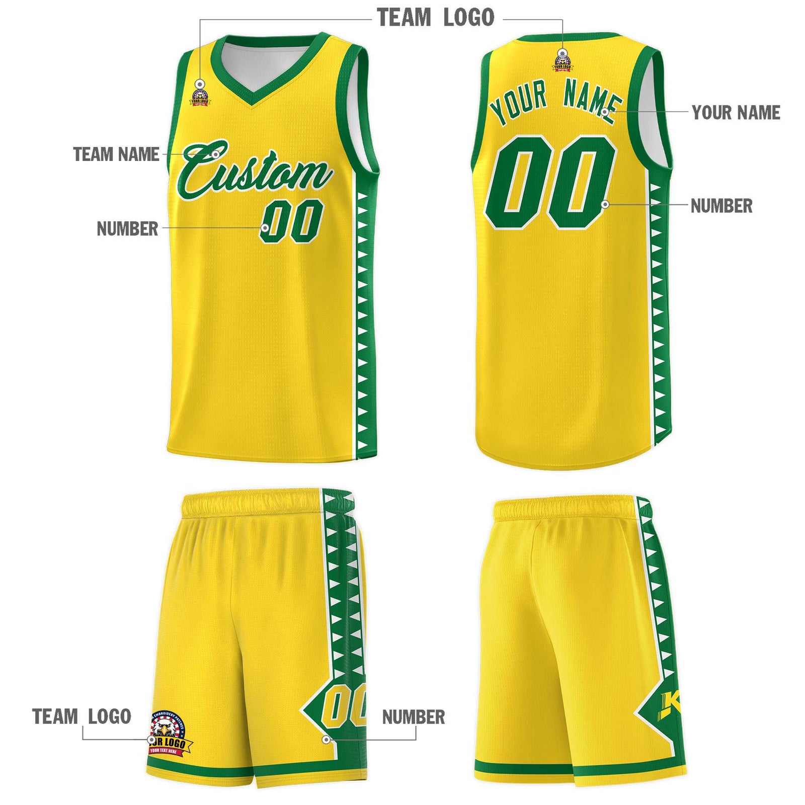 Custom Gold Kelly Green Basketball Kits With Side Zigzag Pattern