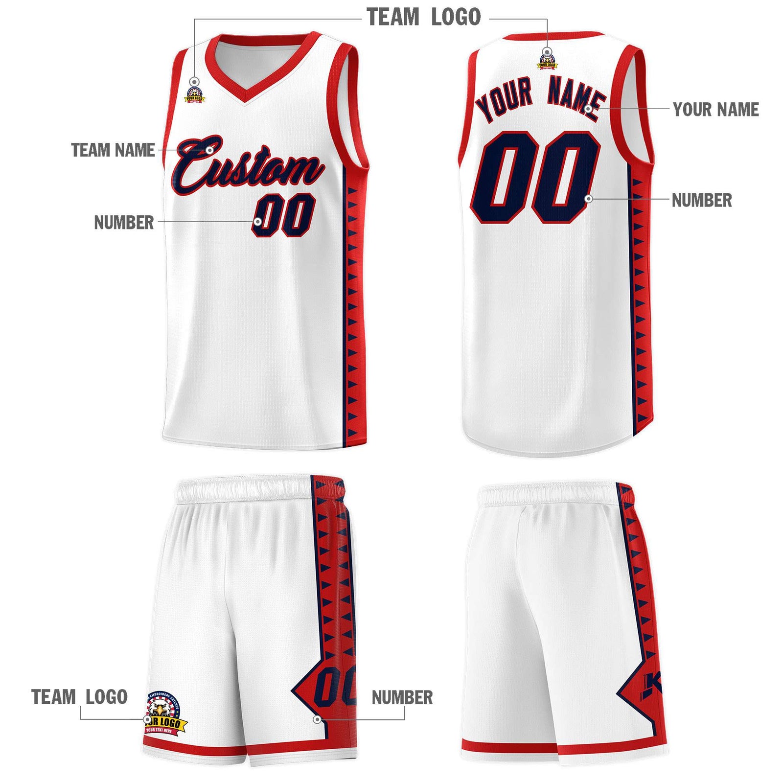 Custom White Red Basketball Kits With Side Zigzag Pattern