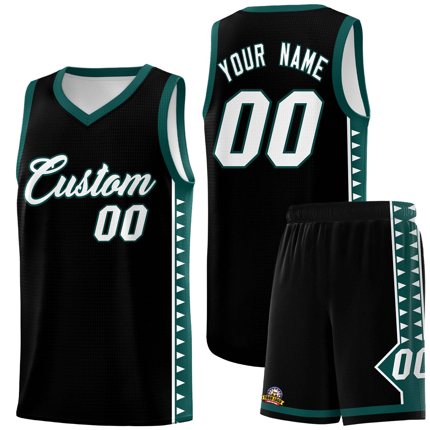 Custom Black Midnight Green Basketball Kits With Side Zigzag Pattern