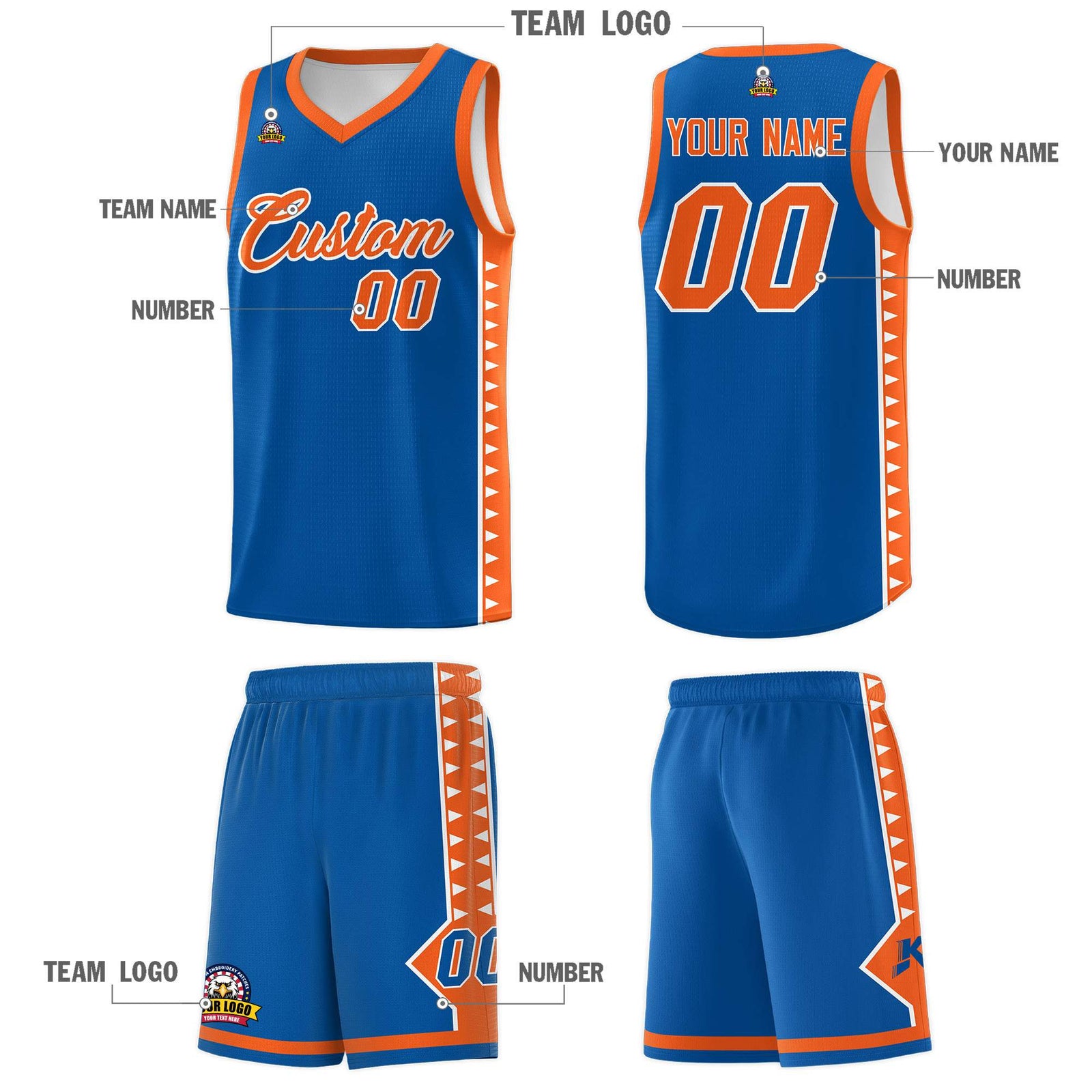 Custom Royal Orange Basketball Kits With Side Zigzag Pattern