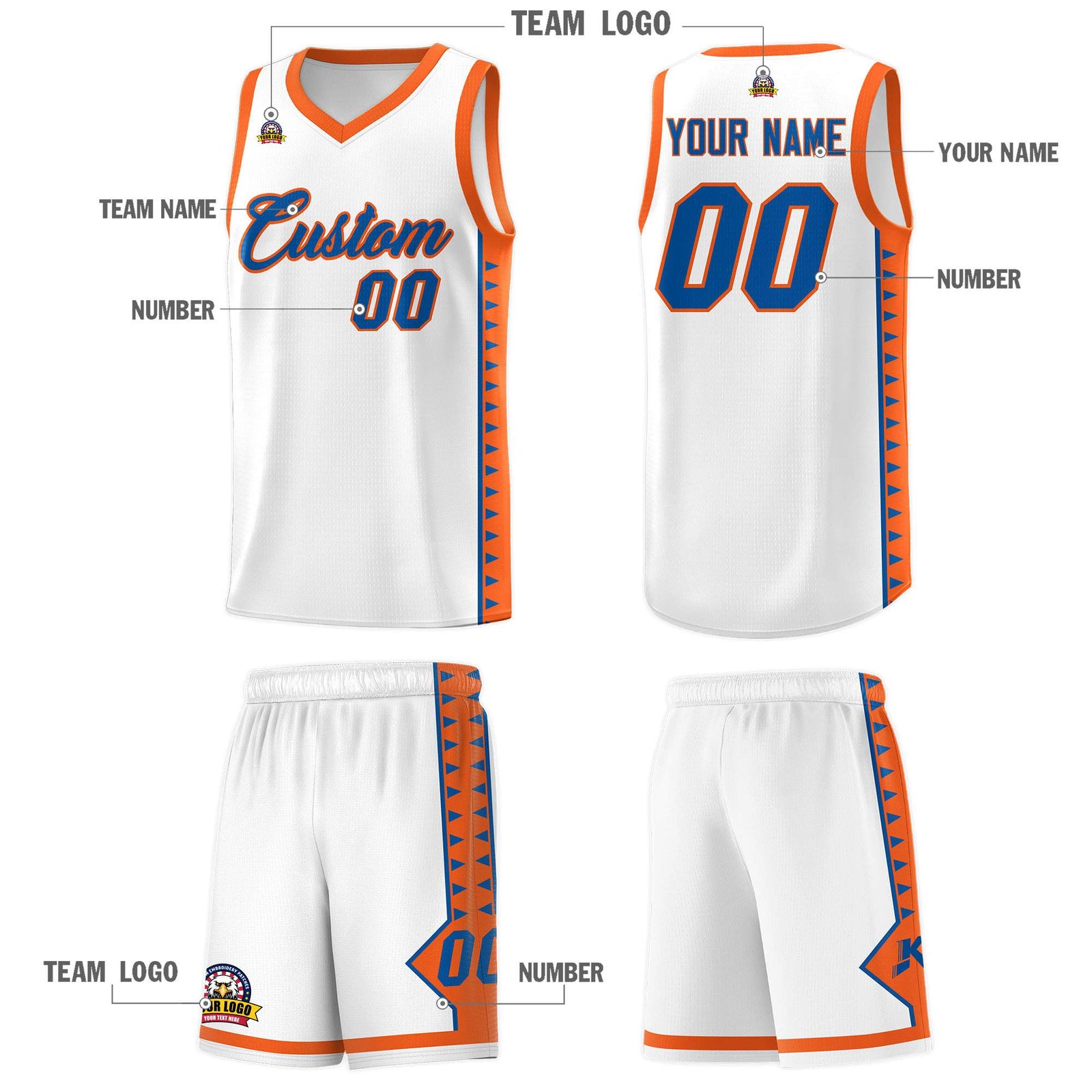 Custom White Orange Basketball Kits With Side Zigzag Pattern