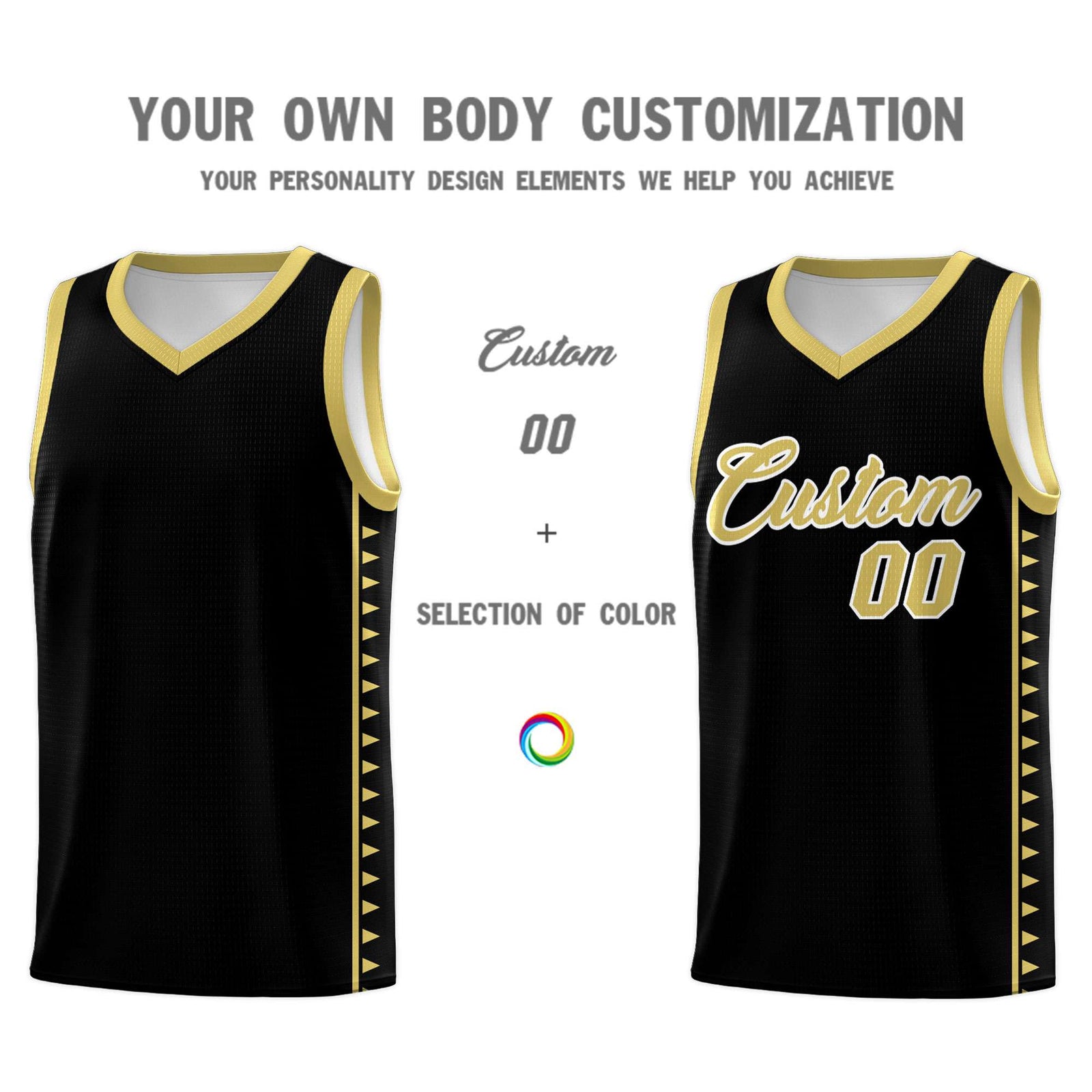 Custom Black Old Gold Basketball Kits With Side Zigzag Pattern