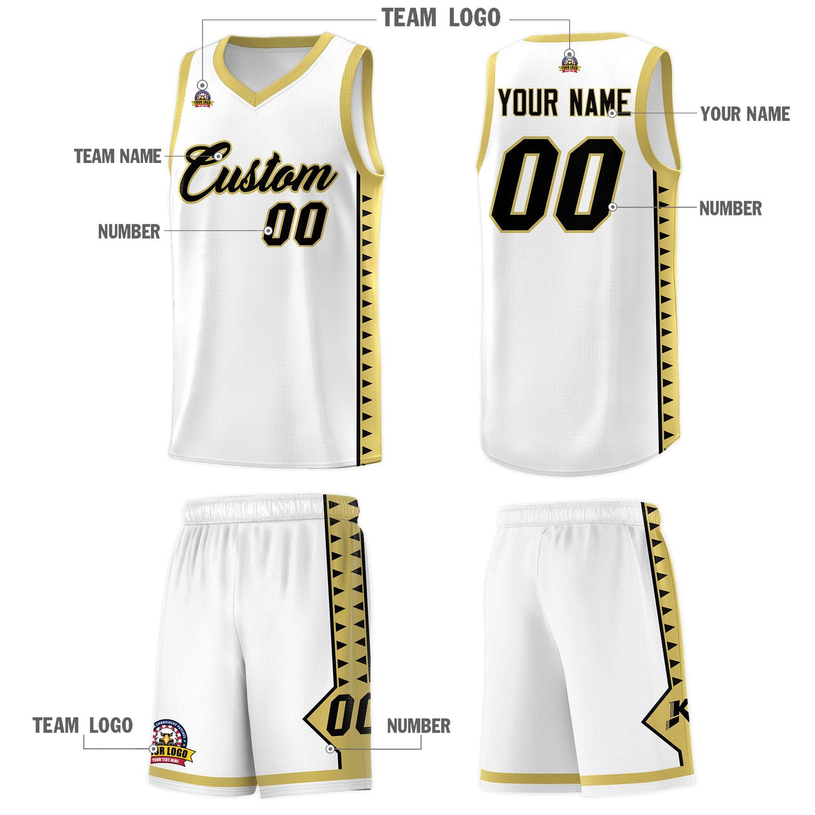 Custom White Old Gold Basketball Kits With Side Zigzag Pattern