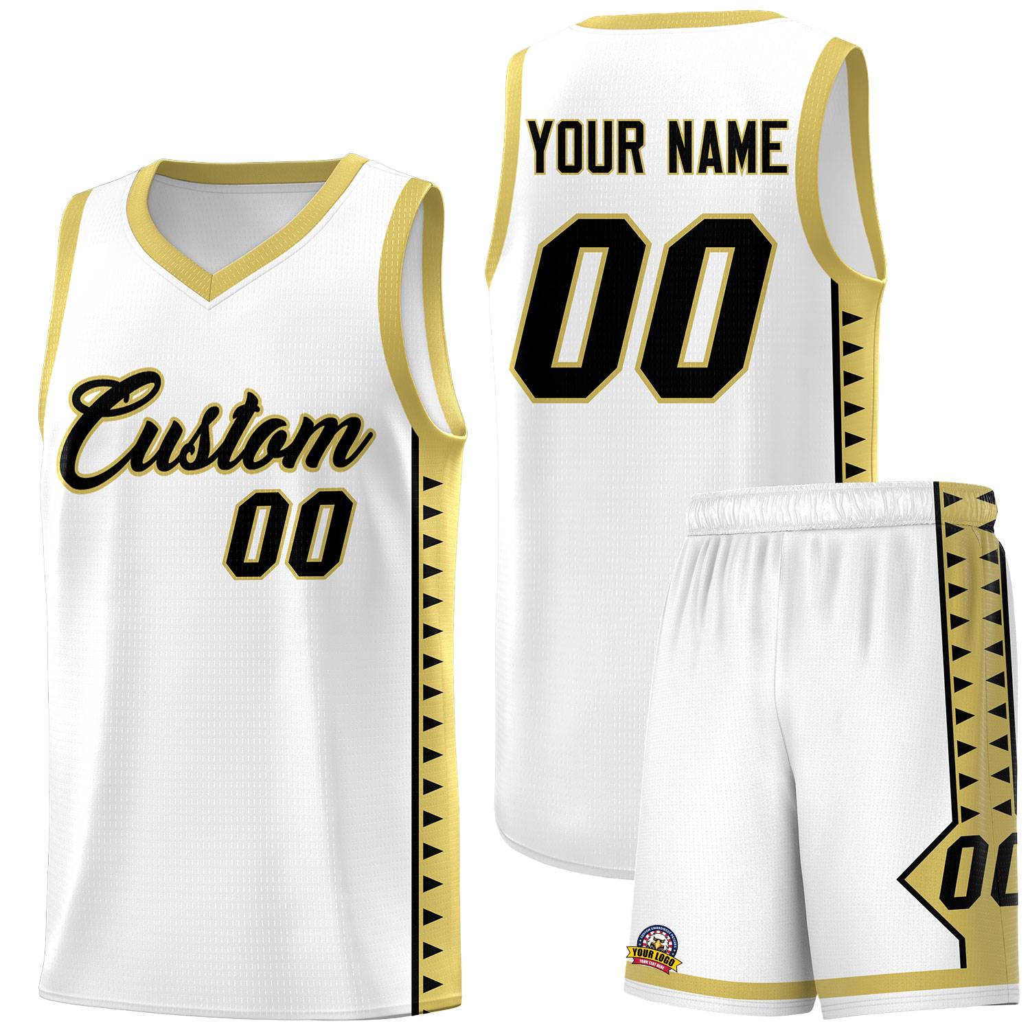 Custom White Old Gold Basketball Kits With Side Zigzag Pattern