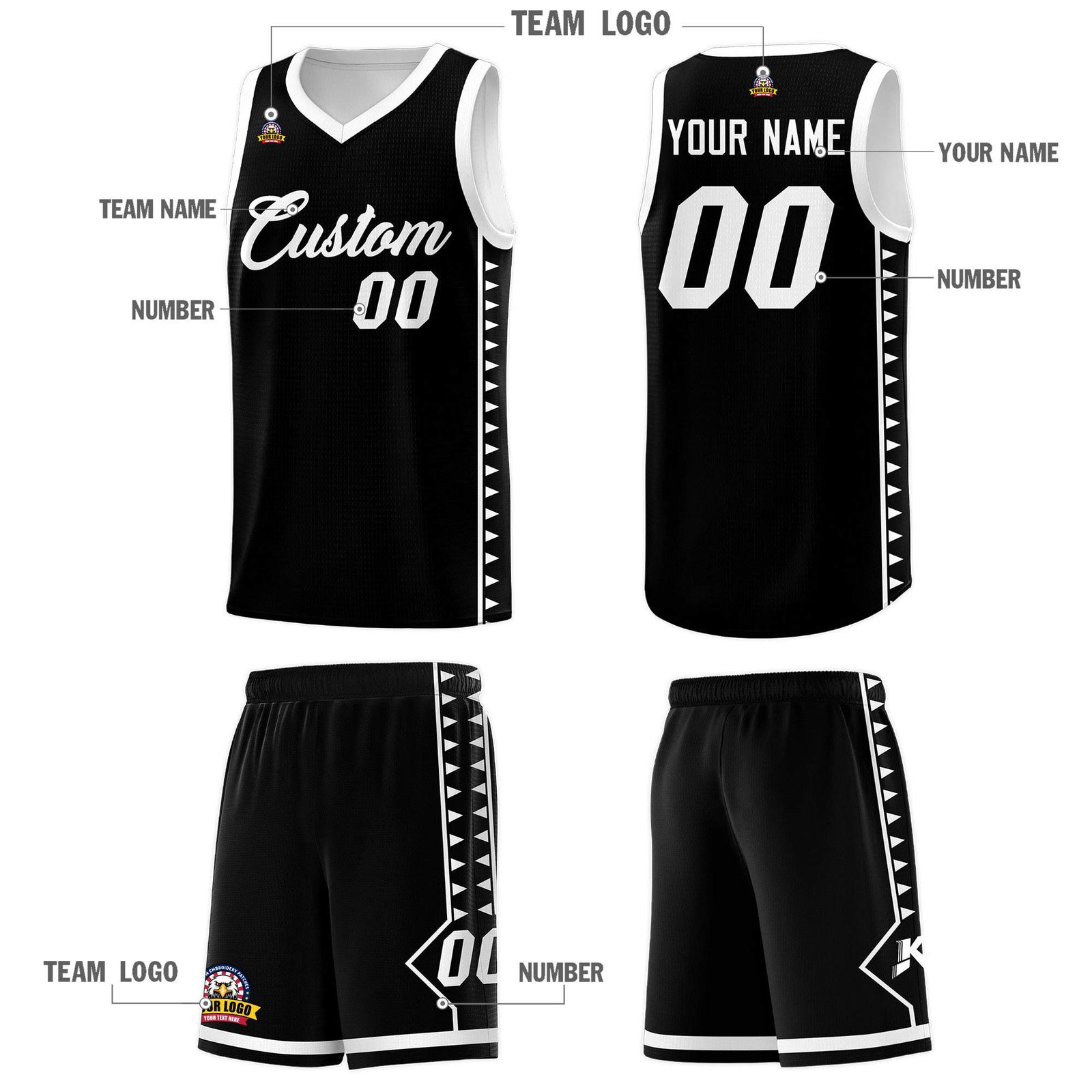 Custom Black White Basketball Kits With Side Zigzag Pattern