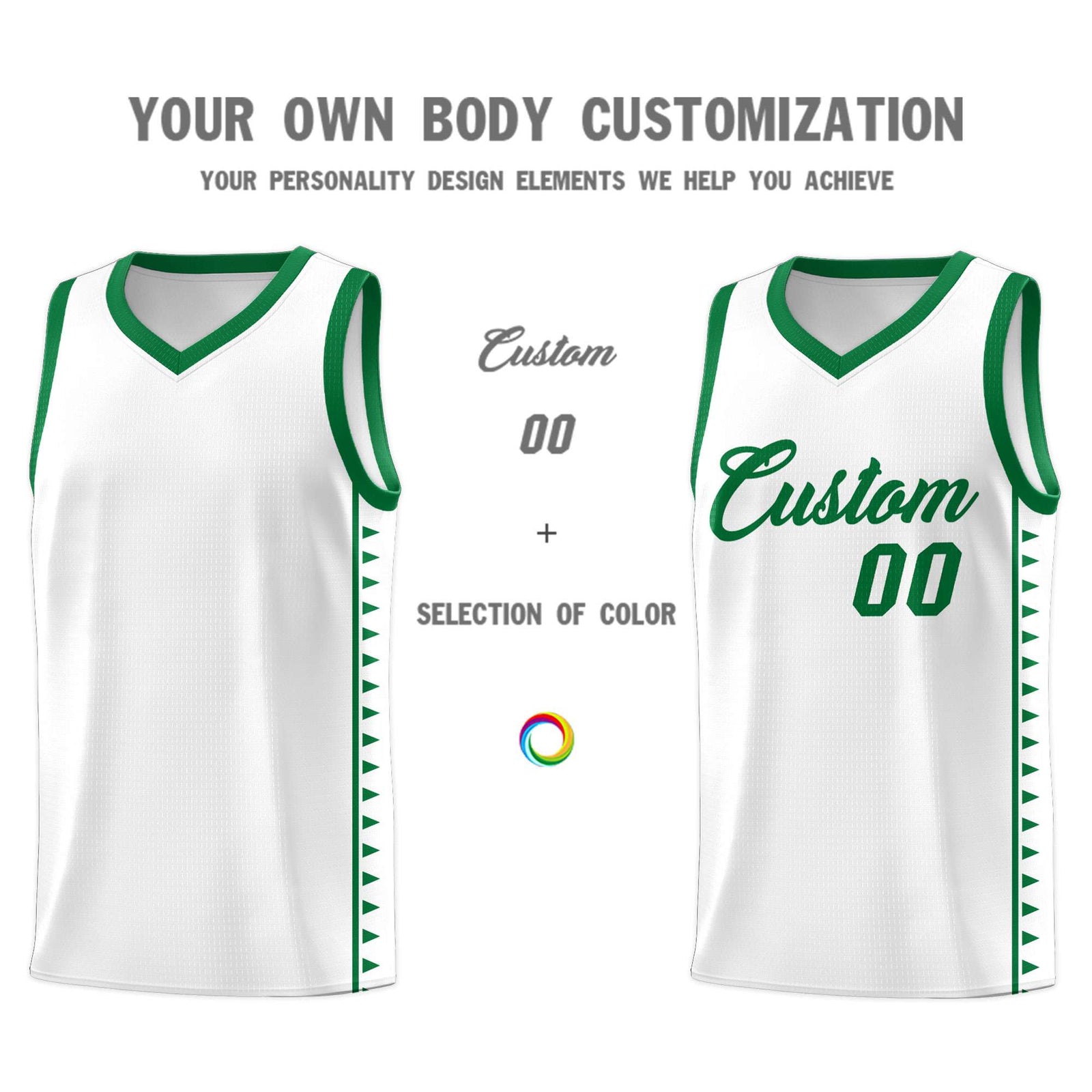 Custom White Kelly Green Basketball Kits With Side Zigzag Pattern