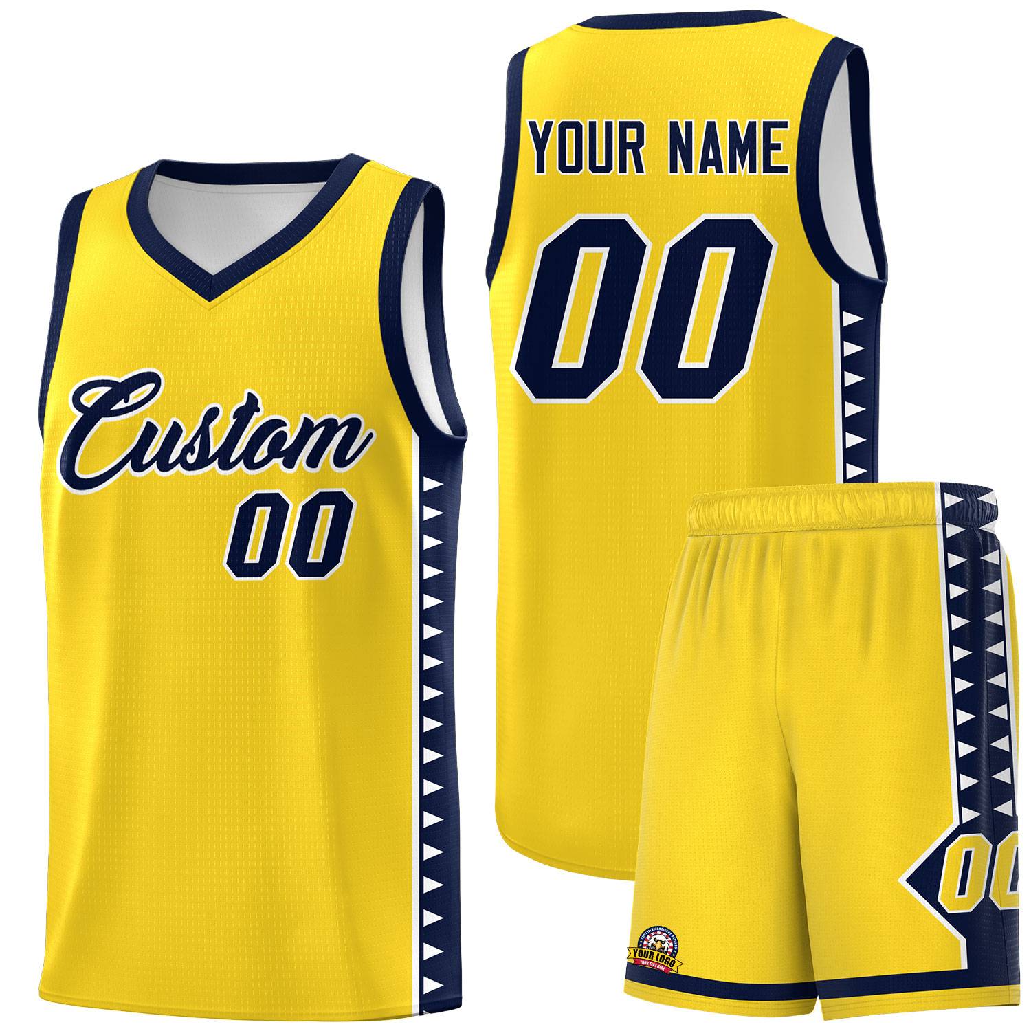 Custom Gold Navy Basketball Kits With Side Zigzag Pattern