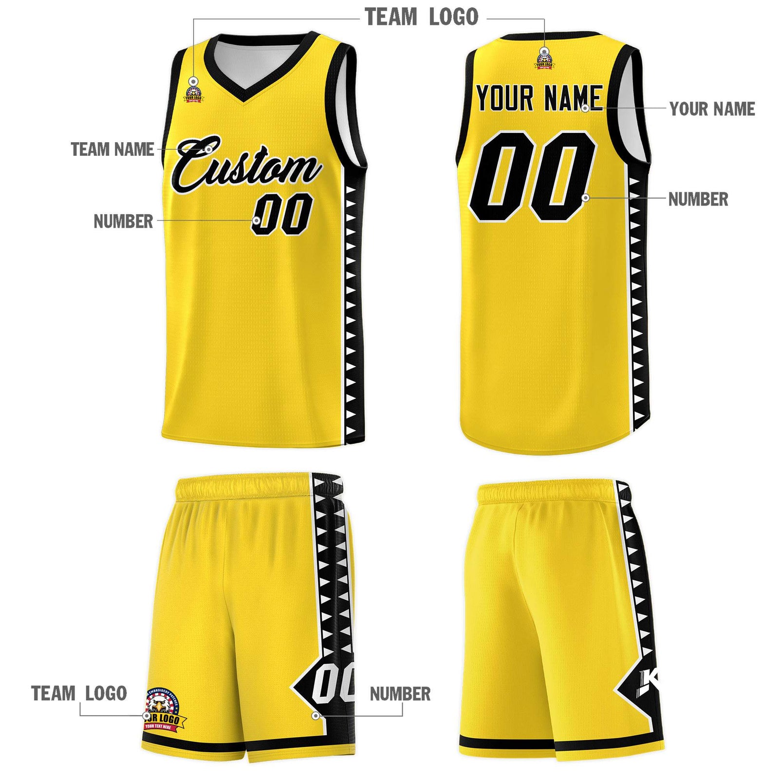Custom Gold Black Basketball Kits With Side Zigzag Pattern