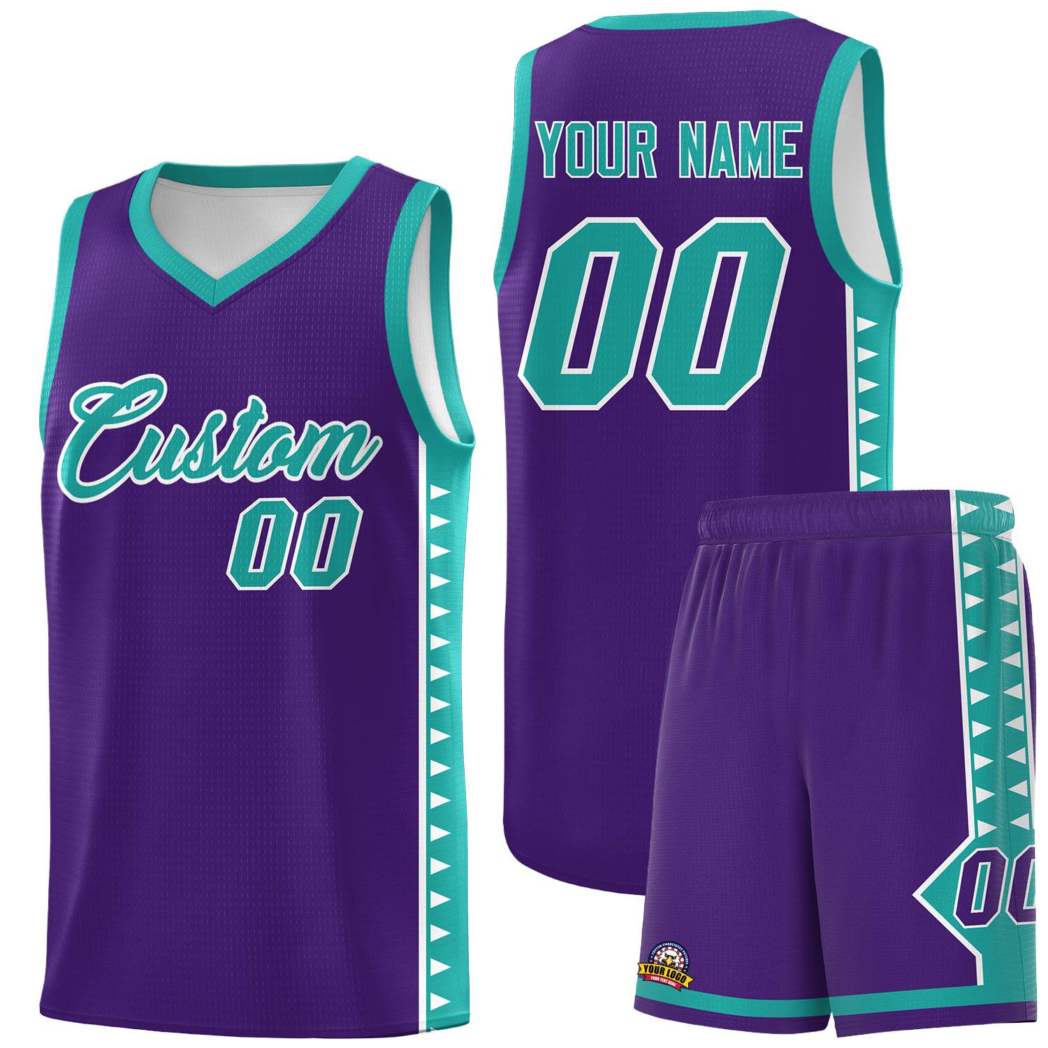 Custom Purple Aqua Basketball Kits With Side Zigzag Pattern