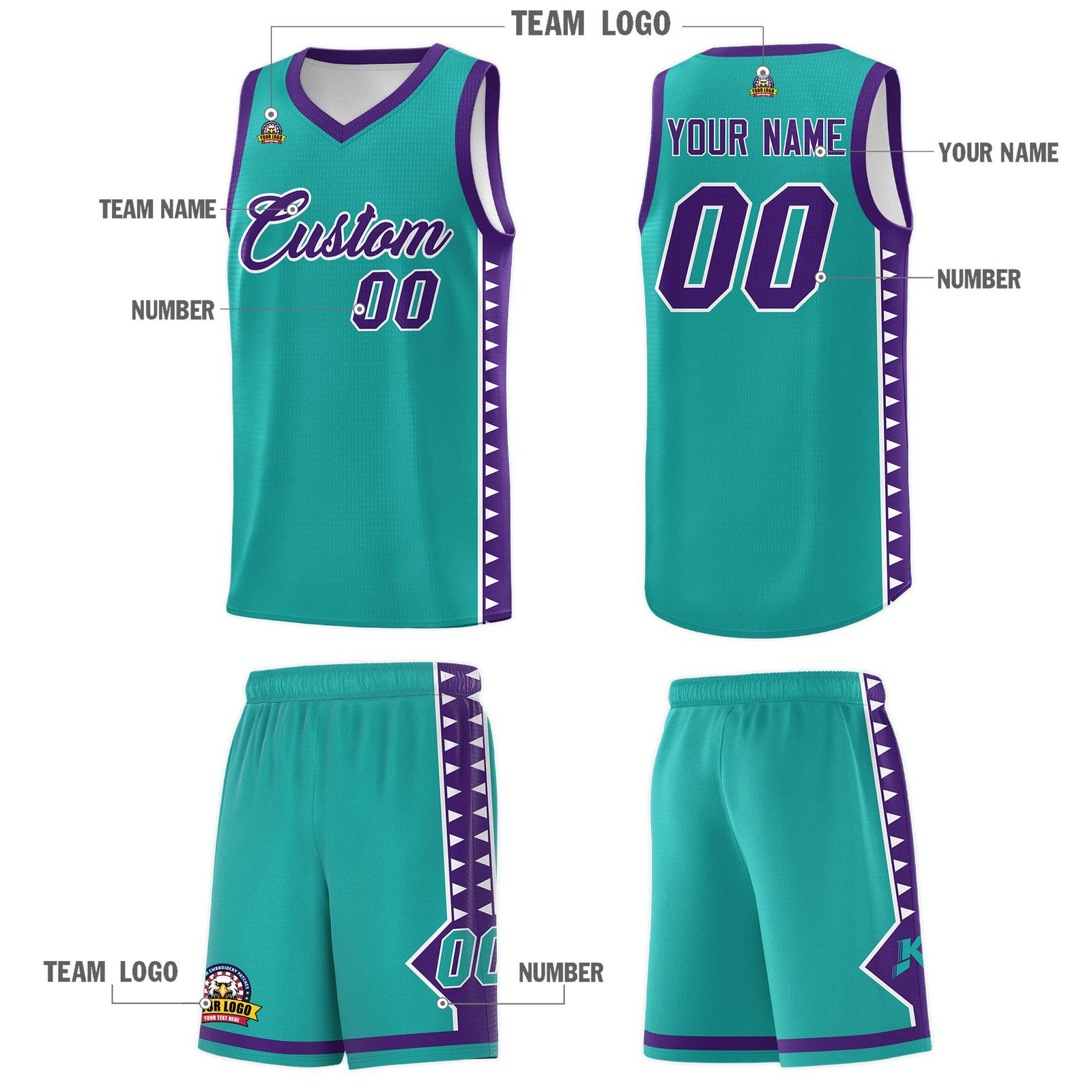 Custom Aqua Purple Basketball Kits With Side Zigzag Pattern