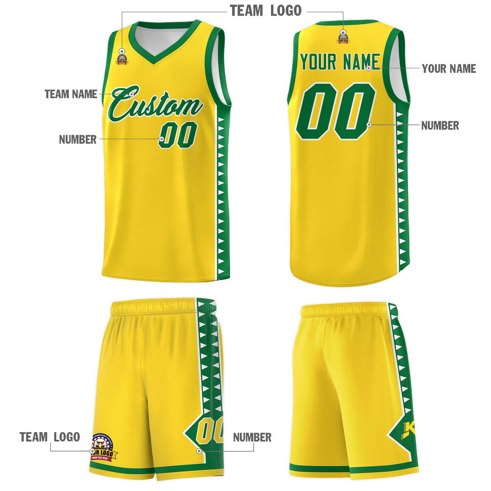 Custom Gold Kelly Green Basketball Kits With Side Zigzag Pattern