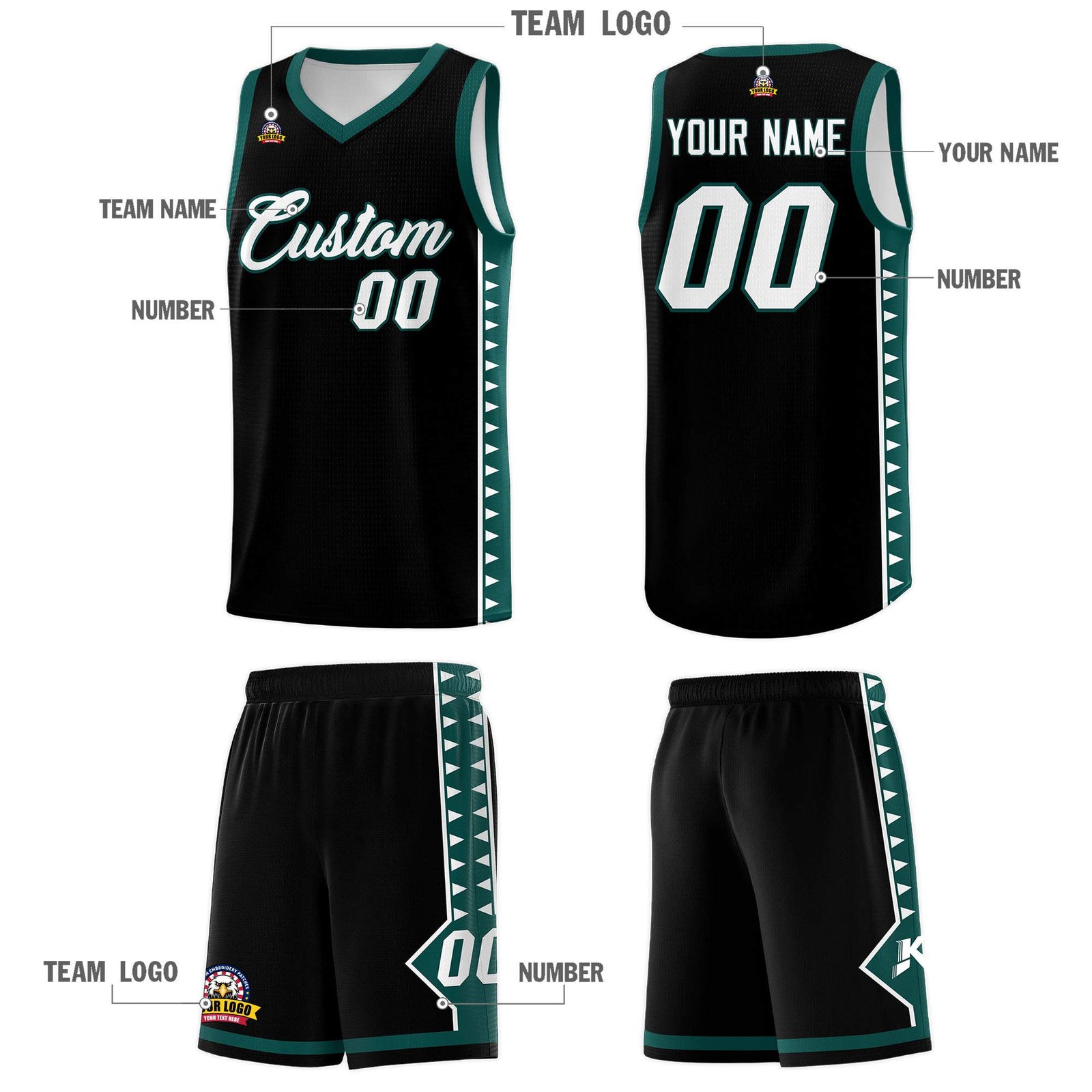 Custom Black Midnight Green Basketball Kits With Side Zigzag Pattern