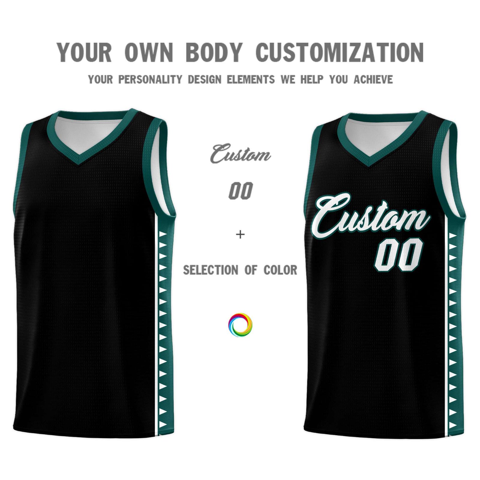 Custom Black Midnight Green Basketball Kits With Side Zigzag Pattern