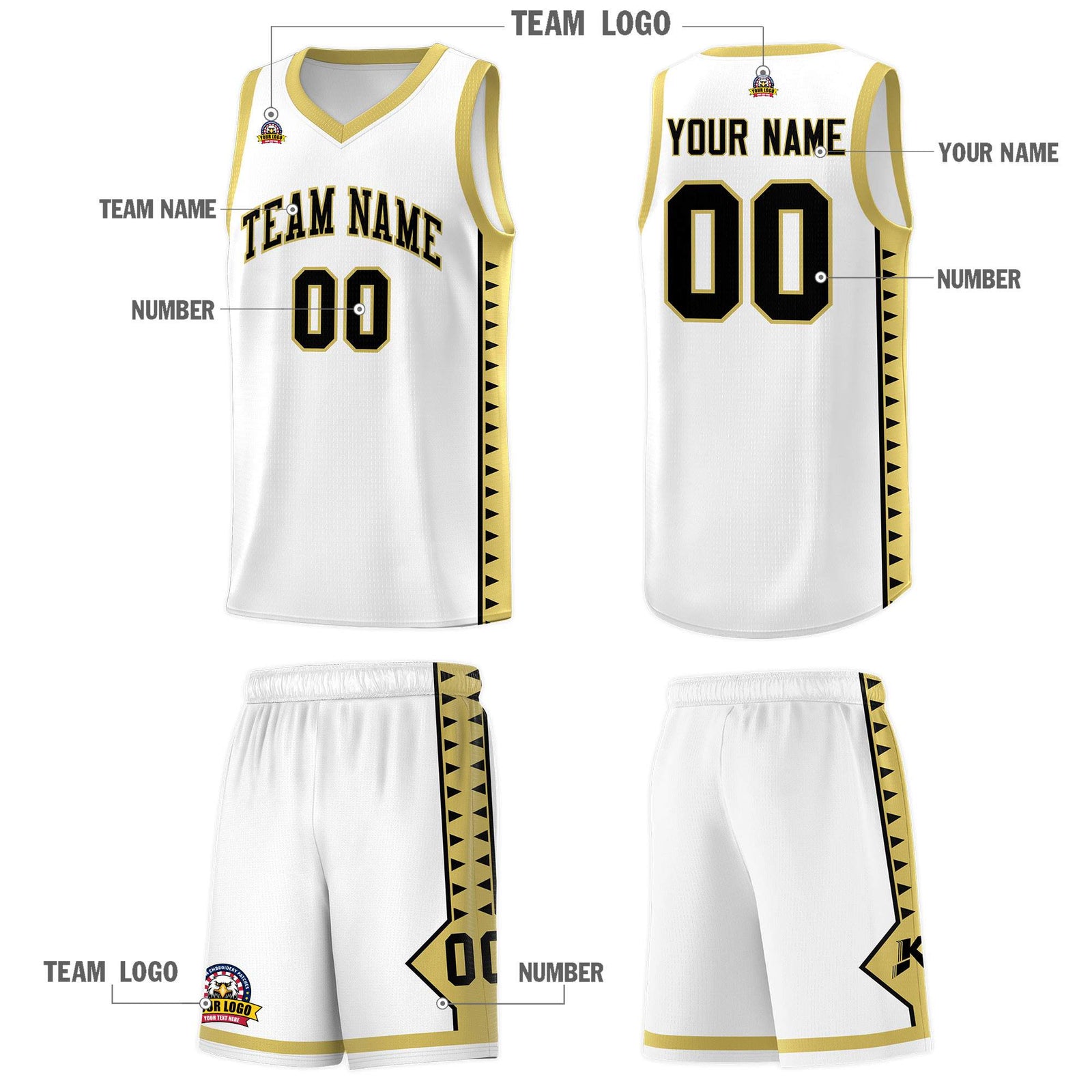 Custom White Old Gold Basketball Kits With Side Zigzag Pattern
