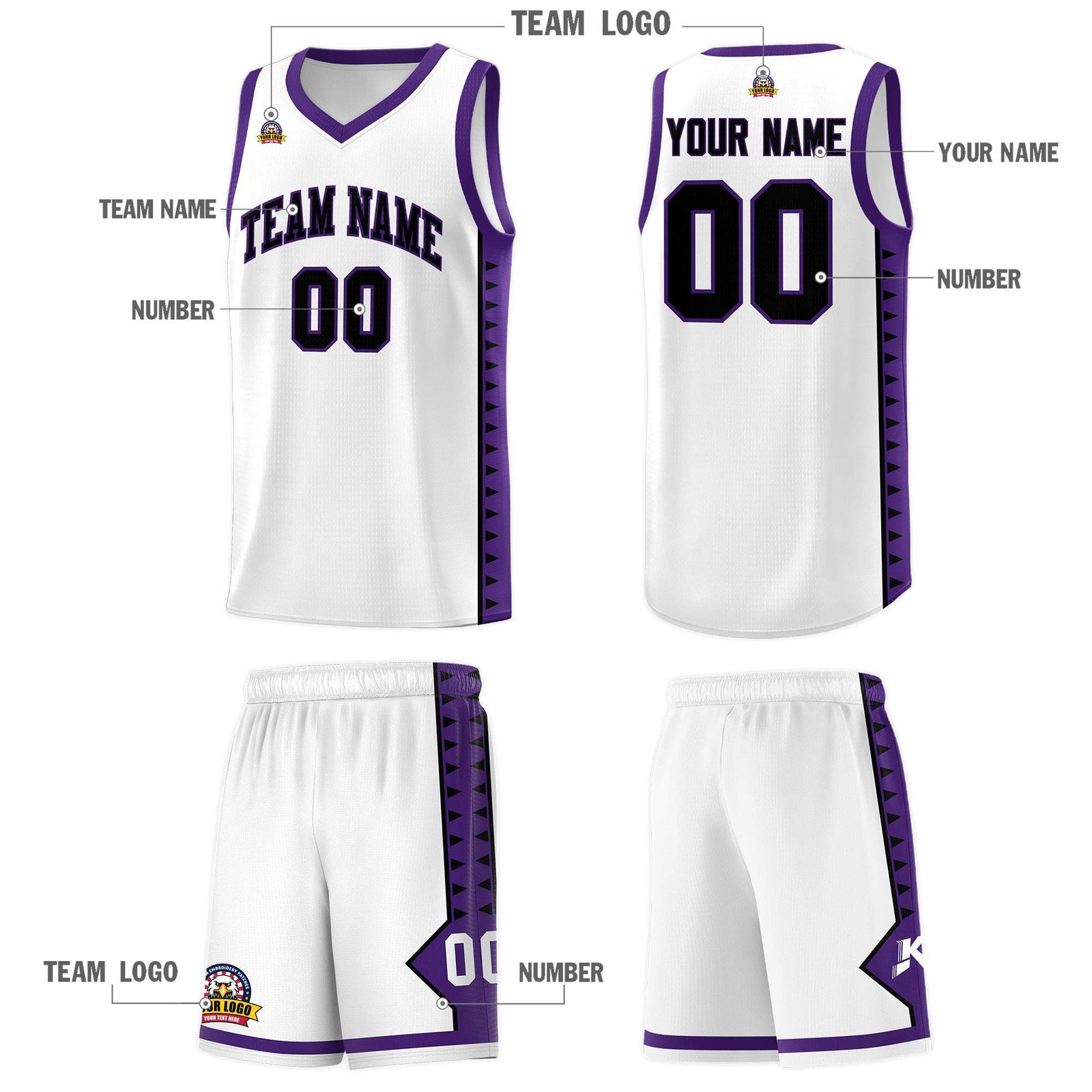 Custom White Purple Basketball Kits With Side Zigzag Pattern