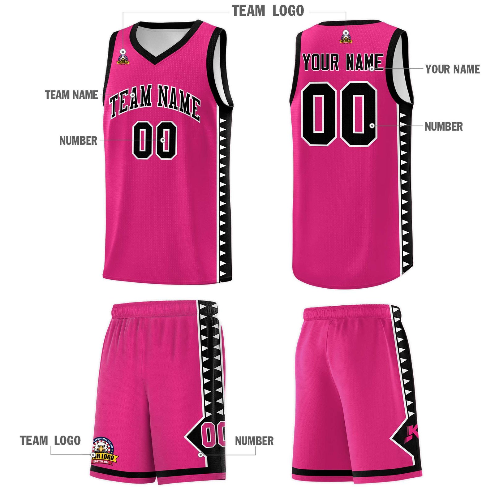Custom Rose Red Black Basketball Kits With Side Zigzag Pattern