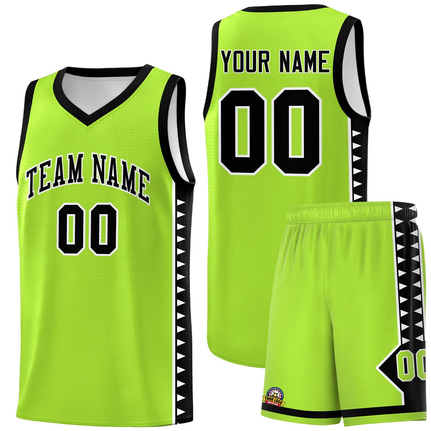 Custom Neon Green Black Basketball Kits With Side Zigzag Pattern