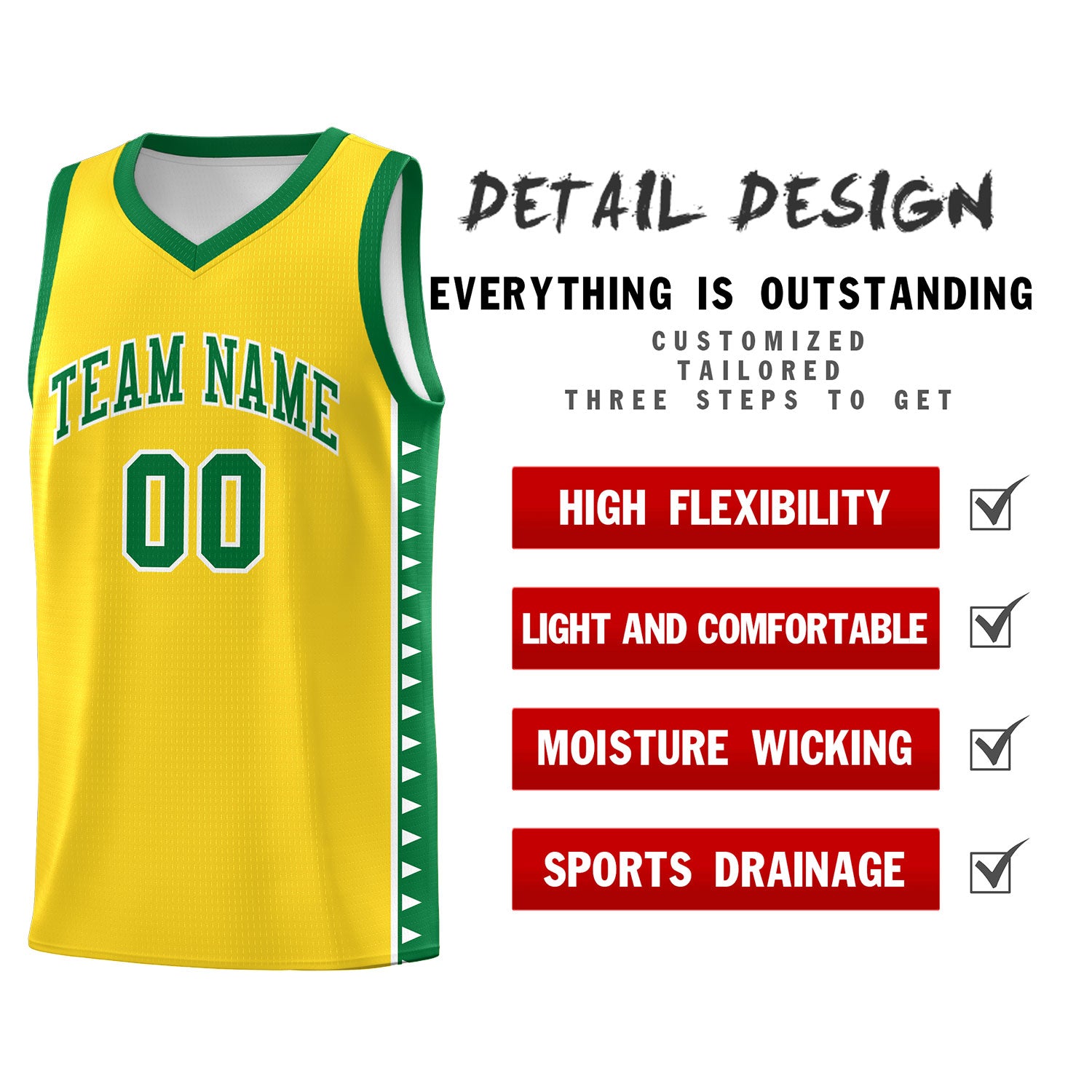 Custom Gold Kelly Green Basketball Kits With Side Zigzag Pattern