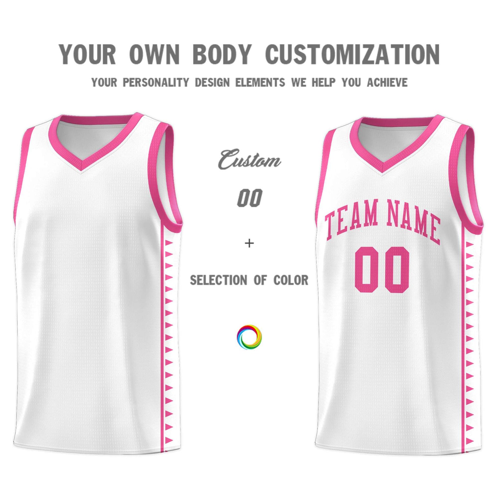 Custom White Pink Basketball Kits With Side Zigzag Pattern