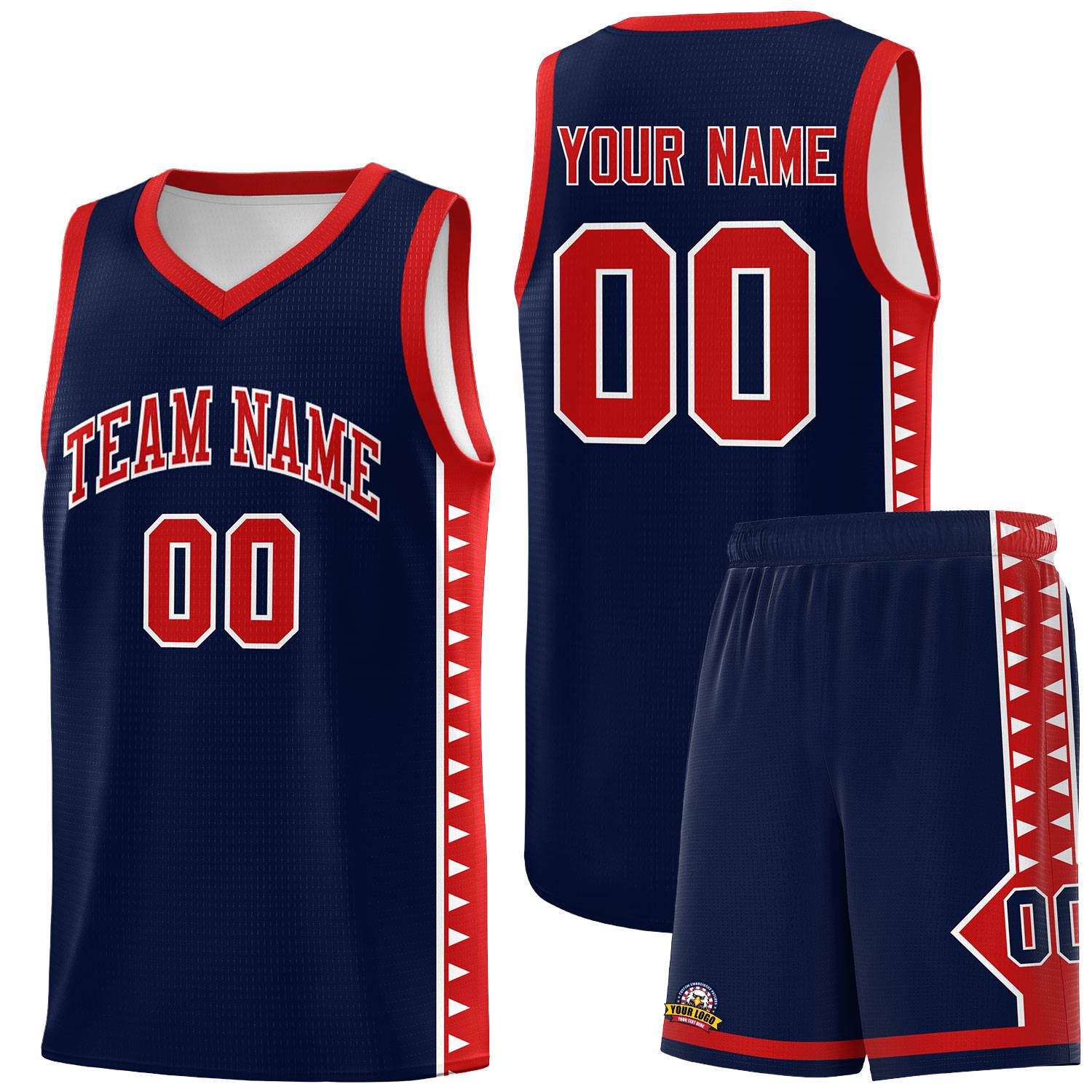 Custom Navy Red Basketball Kits With Side Zigzag Pattern