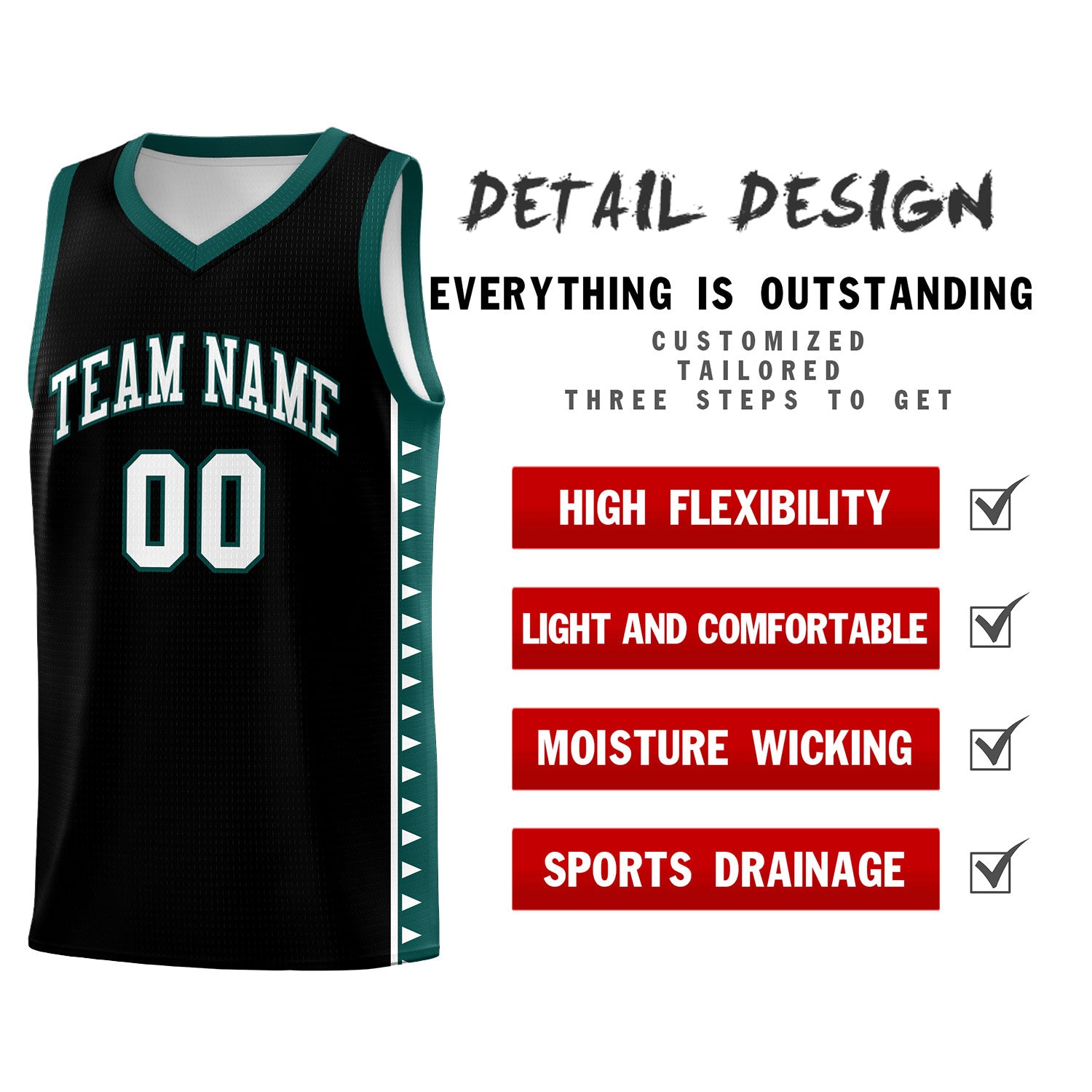 Custom Black Midnight Green Basketball Kits With Side Zigzag Pattern
